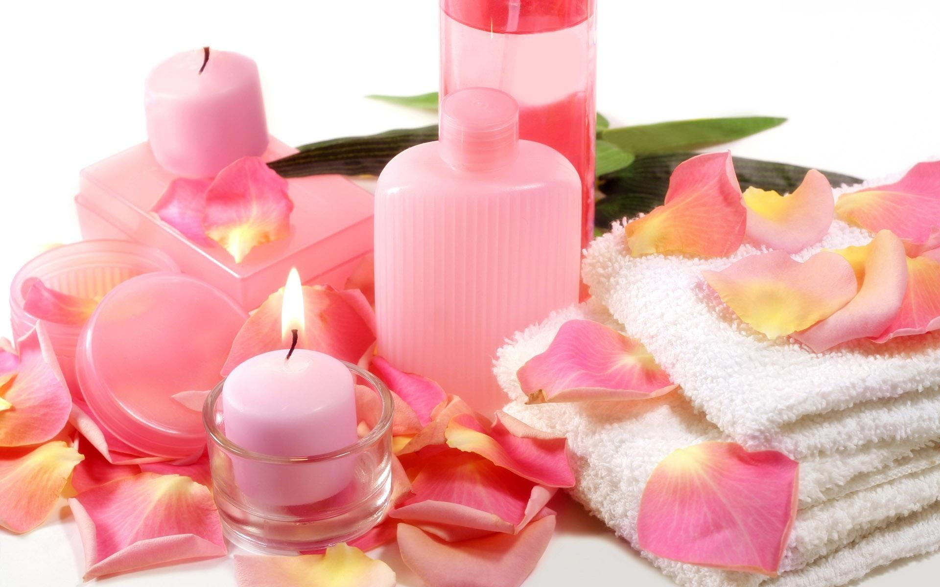3d and abstract, candle, plastic, spa, tealight, pink, bottle, towel, 1080P, HD Wallpaper