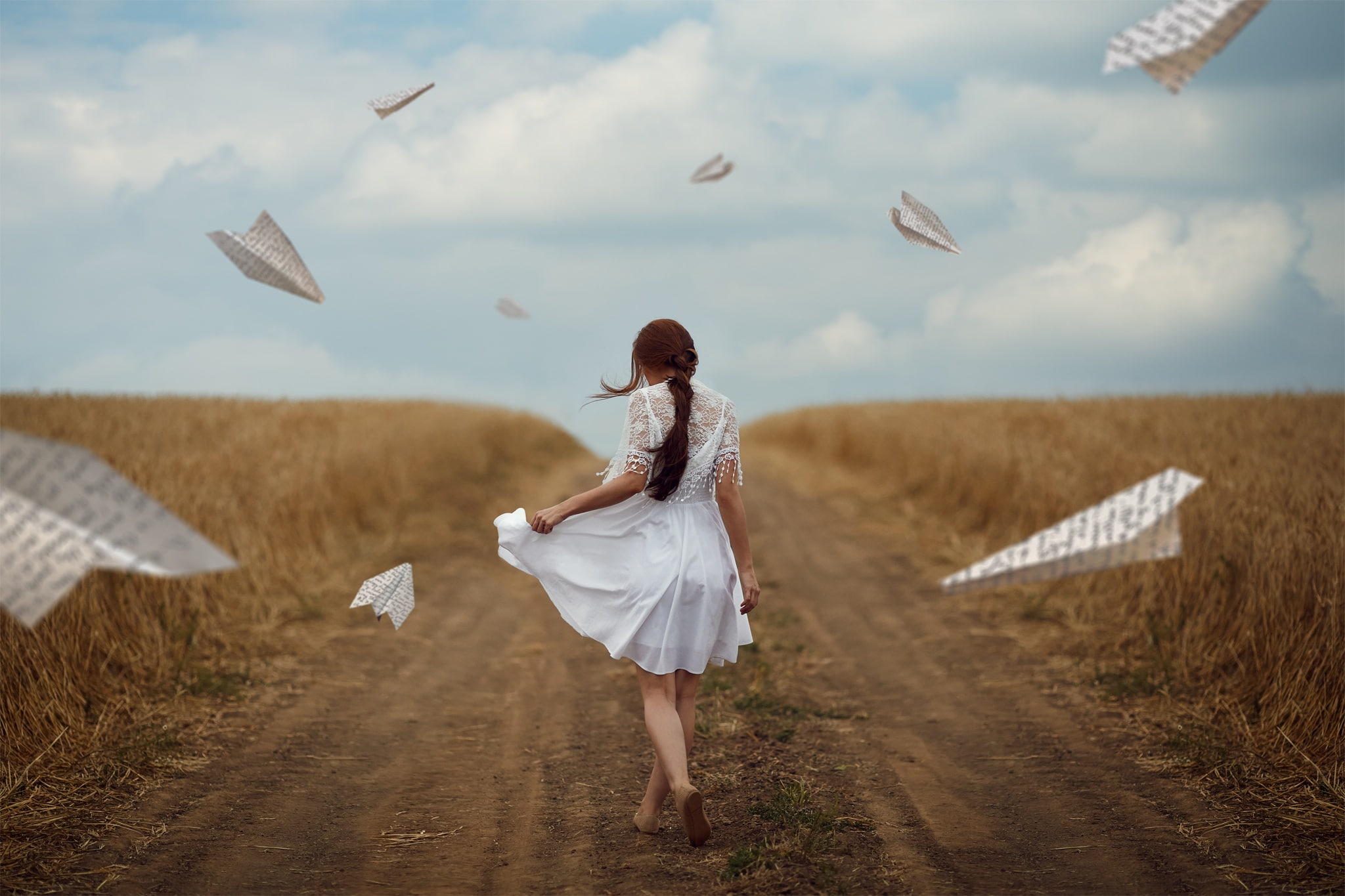 White Dress, Rear, Girl, Depth Of Field, Braid, Woman, Artistic, Field, 1080P, Women, Paper Plane, HD Wallpaper