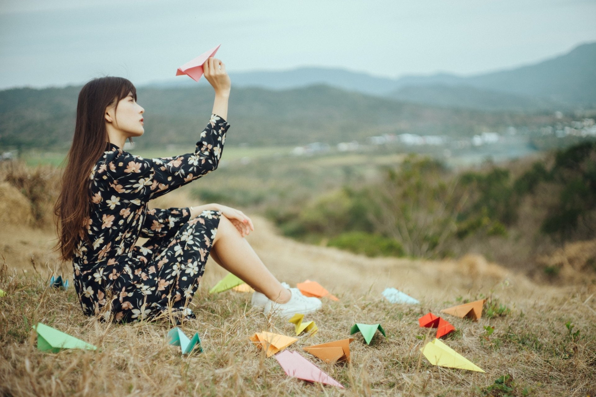 Dress, Women, 1080P, Woman, Mood, Paper Plane, Brunette, Model, Girl, Asian, Depth Of Field, HD Wallpaper