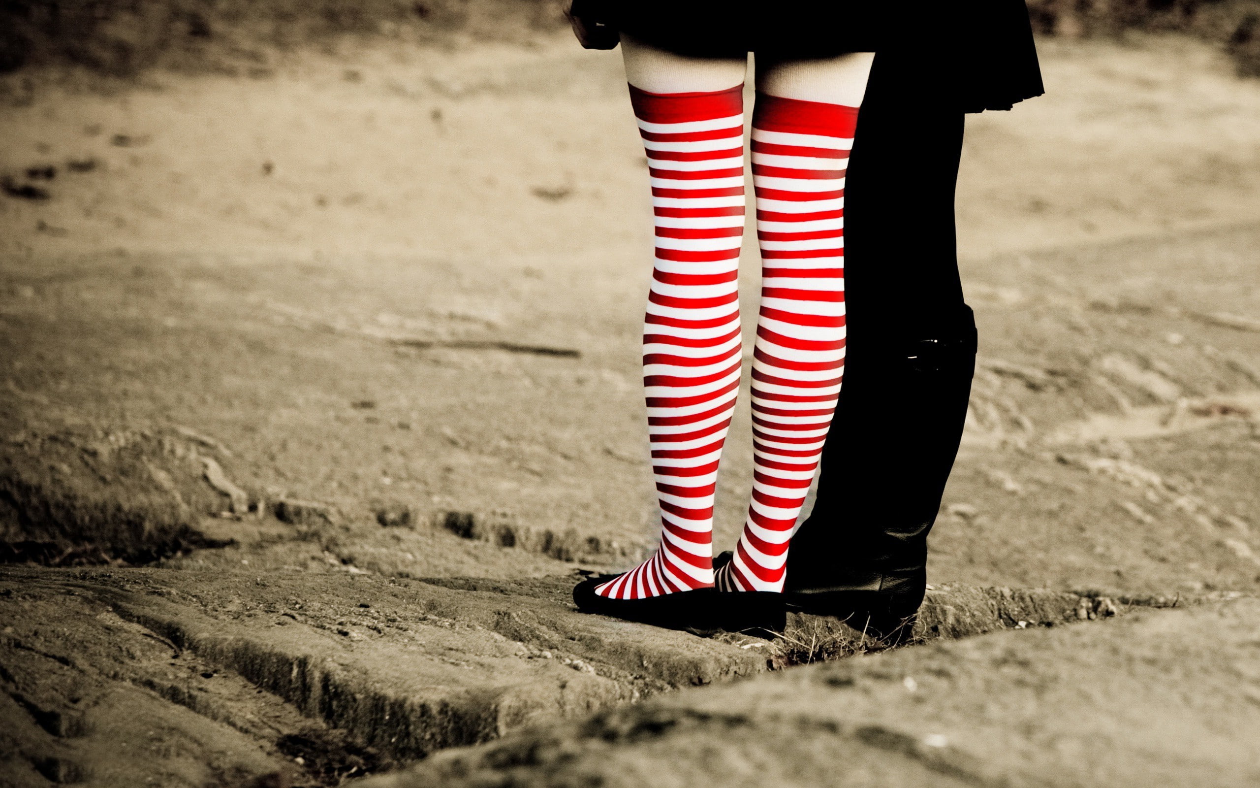 two women, women, legs, striped socks, knee-highs, 2K, HD Wallpaper