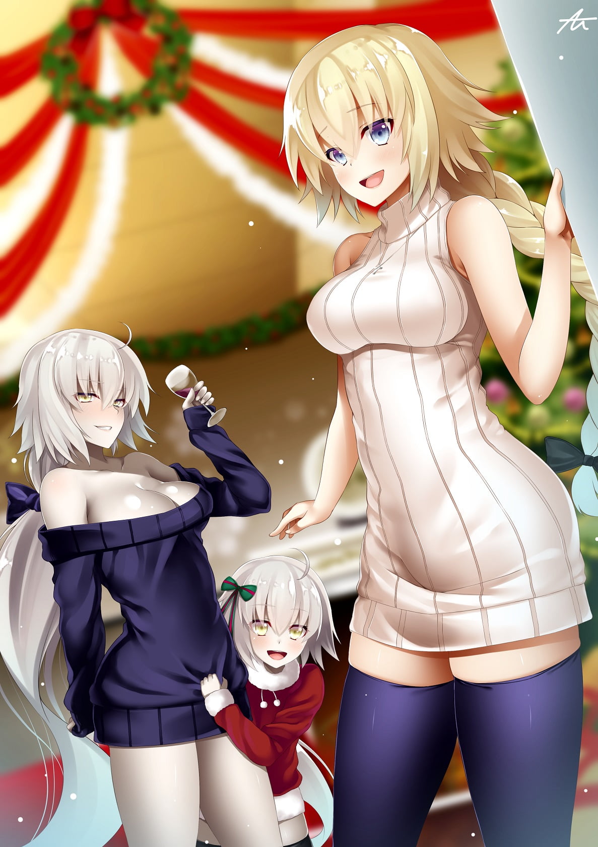 adult, sweater, Fate/Apocrypha , thigh-highs, clothing, happiness, hair, women, standing, people, beautiful woman, emotion, dress, 720P, beauty, Jeanne dArc, Phone HD Wallpaper
