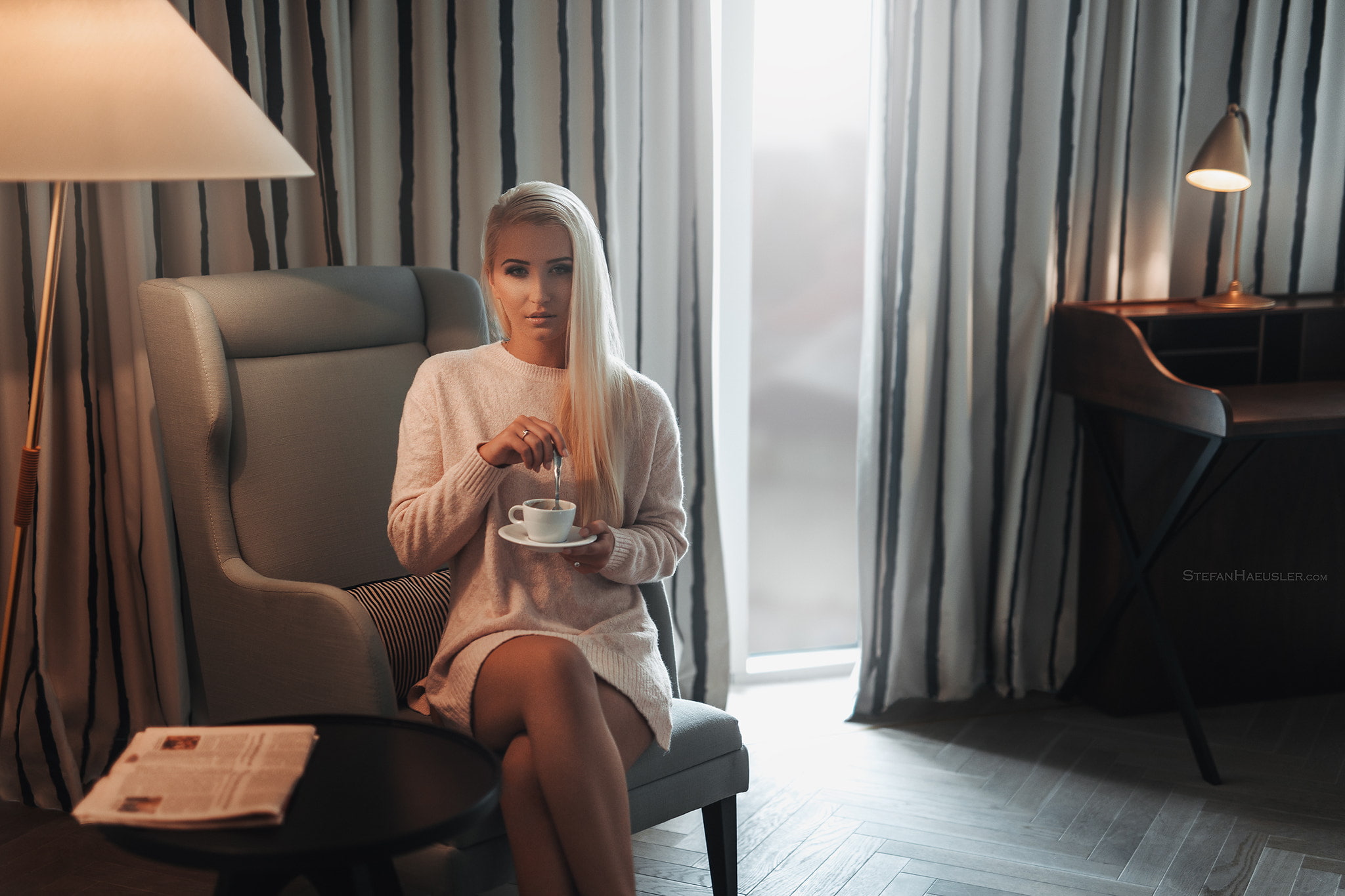 1080P, food and drink, young adult, sweater dress, drink, sitting, sofa, adult, chair, three quarter length, luxury, relaxation, blonde, furniture, lifestyles, HD Wallpaper