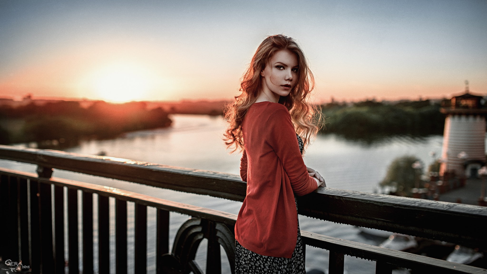 lighthouse, bridge, long hair, open sweater, dress, depth of field, 1080P, sweater, women, redhead, river, Georgy Chernyadyev, sunset, HD Wallpaper