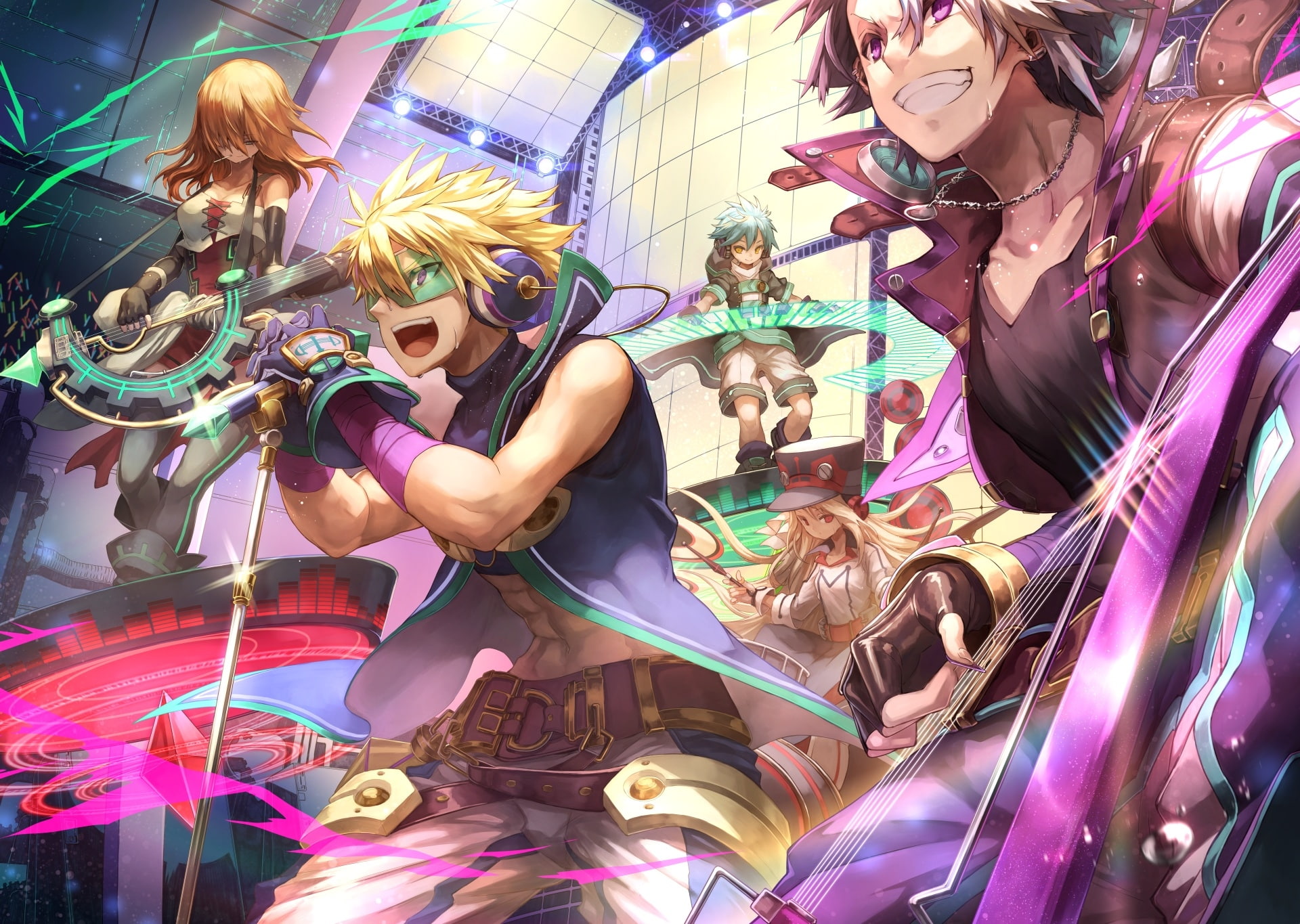 blonde, stage, guitar, enjoyment, Anime, anime band, anime boys, leisure activity, anime girls, men, amusement park, amusement park ride, group of people, HD Wallpaper