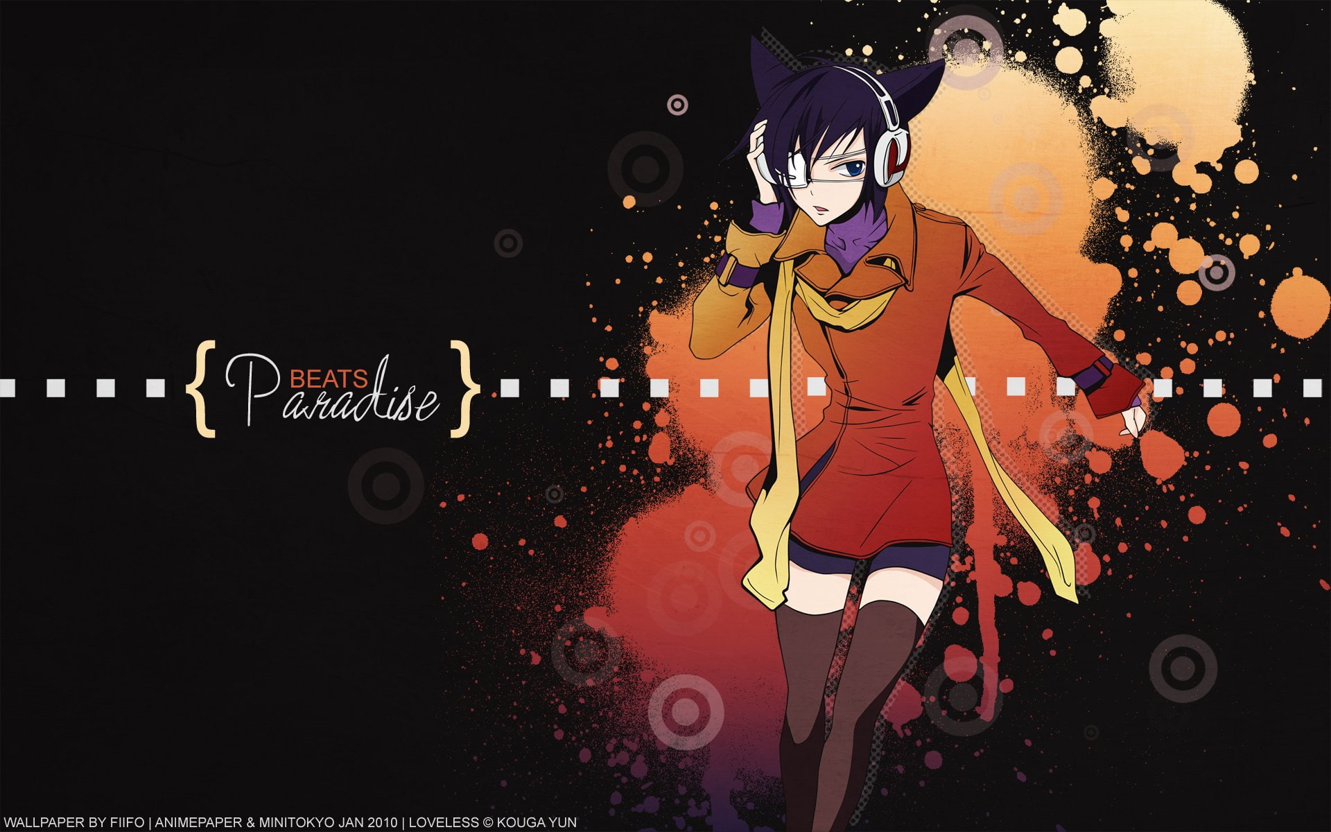 music, nekomimi, boys, cat, ritsuka, scarfs, 1080P, loveless, aoyagi, ears, anime, headphones, HD Wallpaper