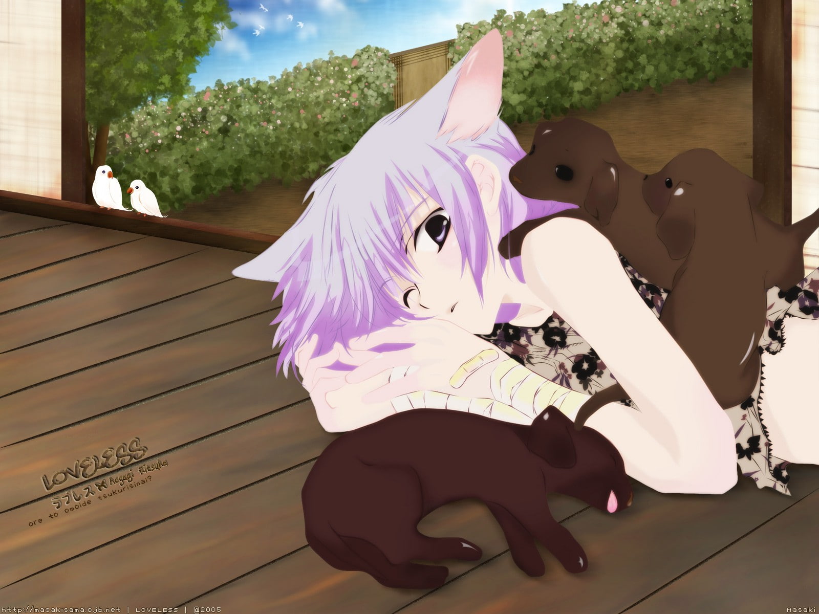 cat, boys, aoyagi, puppies, loveless, bandages, dogs, ears, anime, birds, nekomimi, 720P, hair, purple, ritsuka, animal, HD Wallpaper