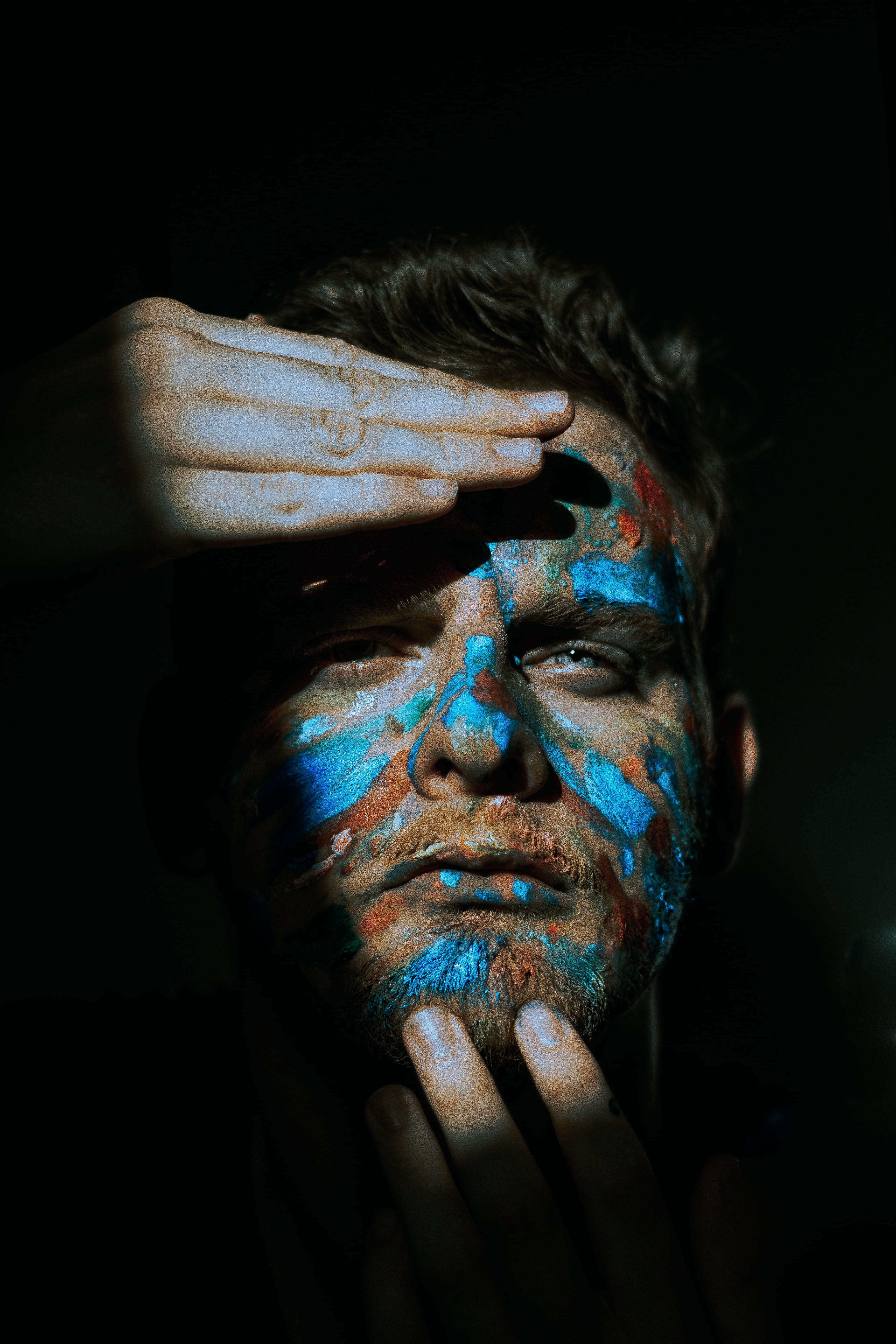 women, face, religion, eye, caucasian Ethnicity, human Face, spirituality, black Color, holding, color, blue, man, light, people, beautiful, face Paint, Phone HD Wallpaper
