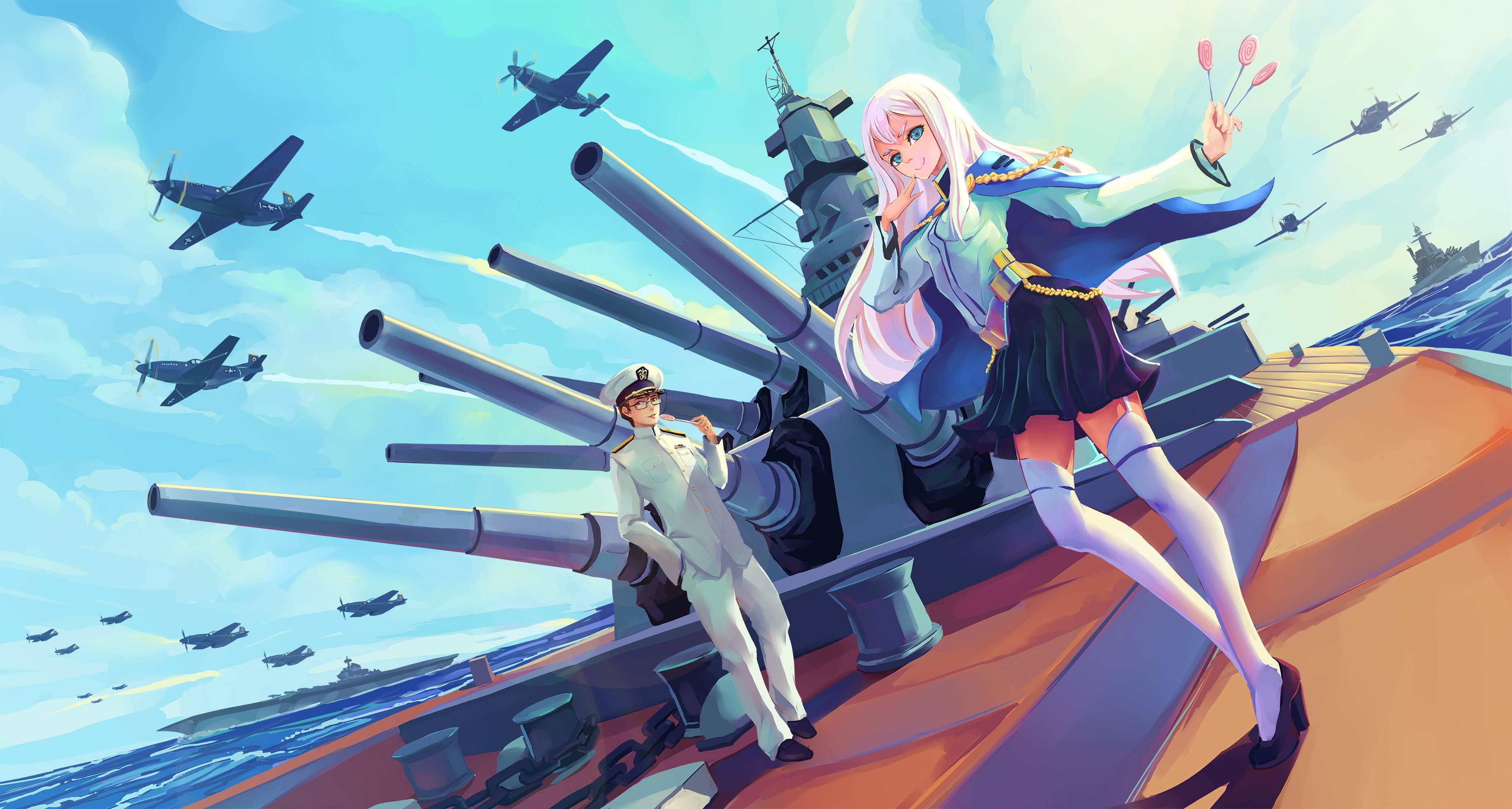 arms raised, battleships, flying, air vehicle, thigh-highs, real people, low angle view, wind, original characters, anime girls, sky, nature, women, mode of transportation, HD Wallpaper