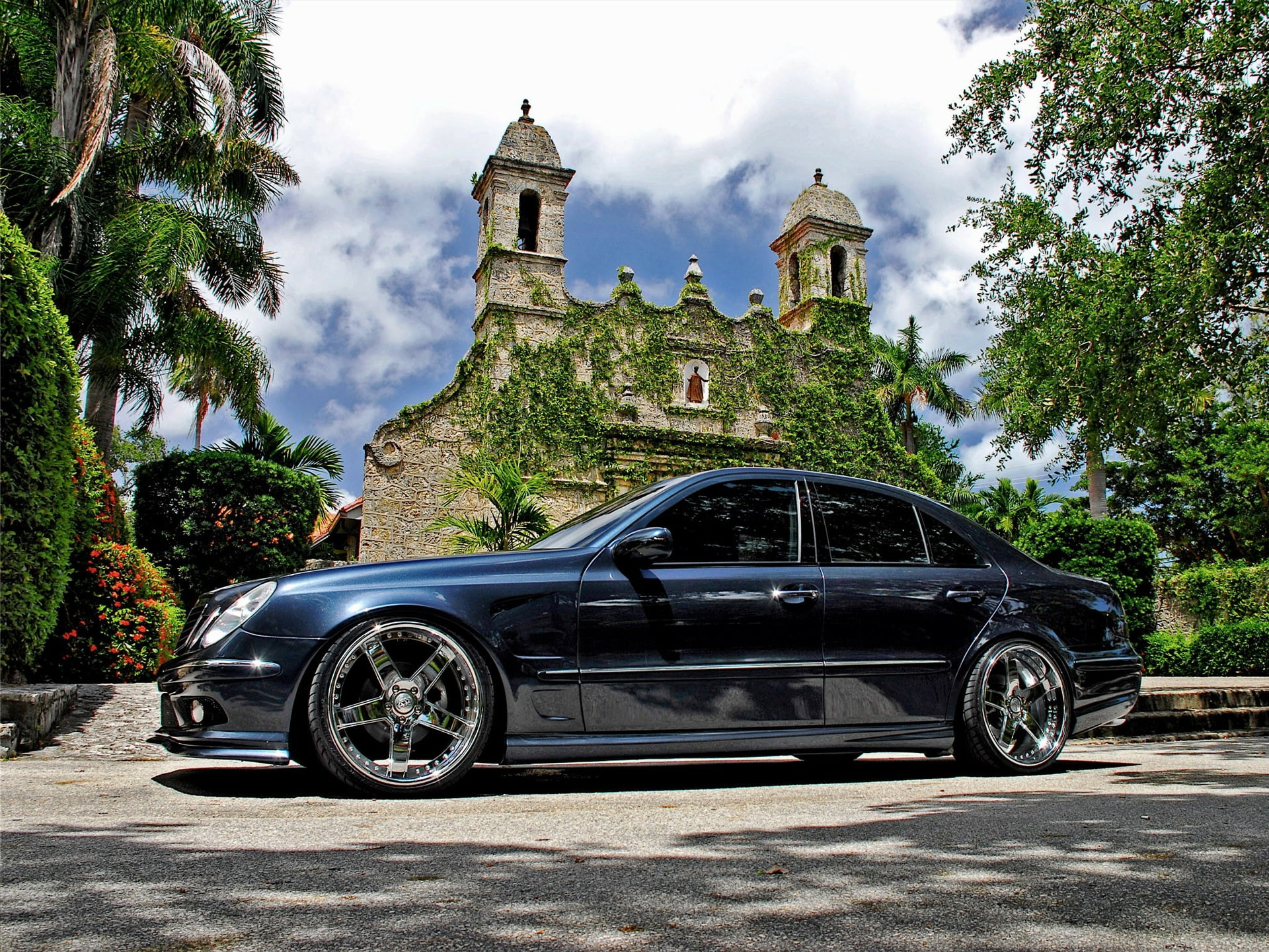 art, architecture, Custom, hd, mercedes, photogenic, cars, Trees, wheels, 1080P, HD Wallpaper