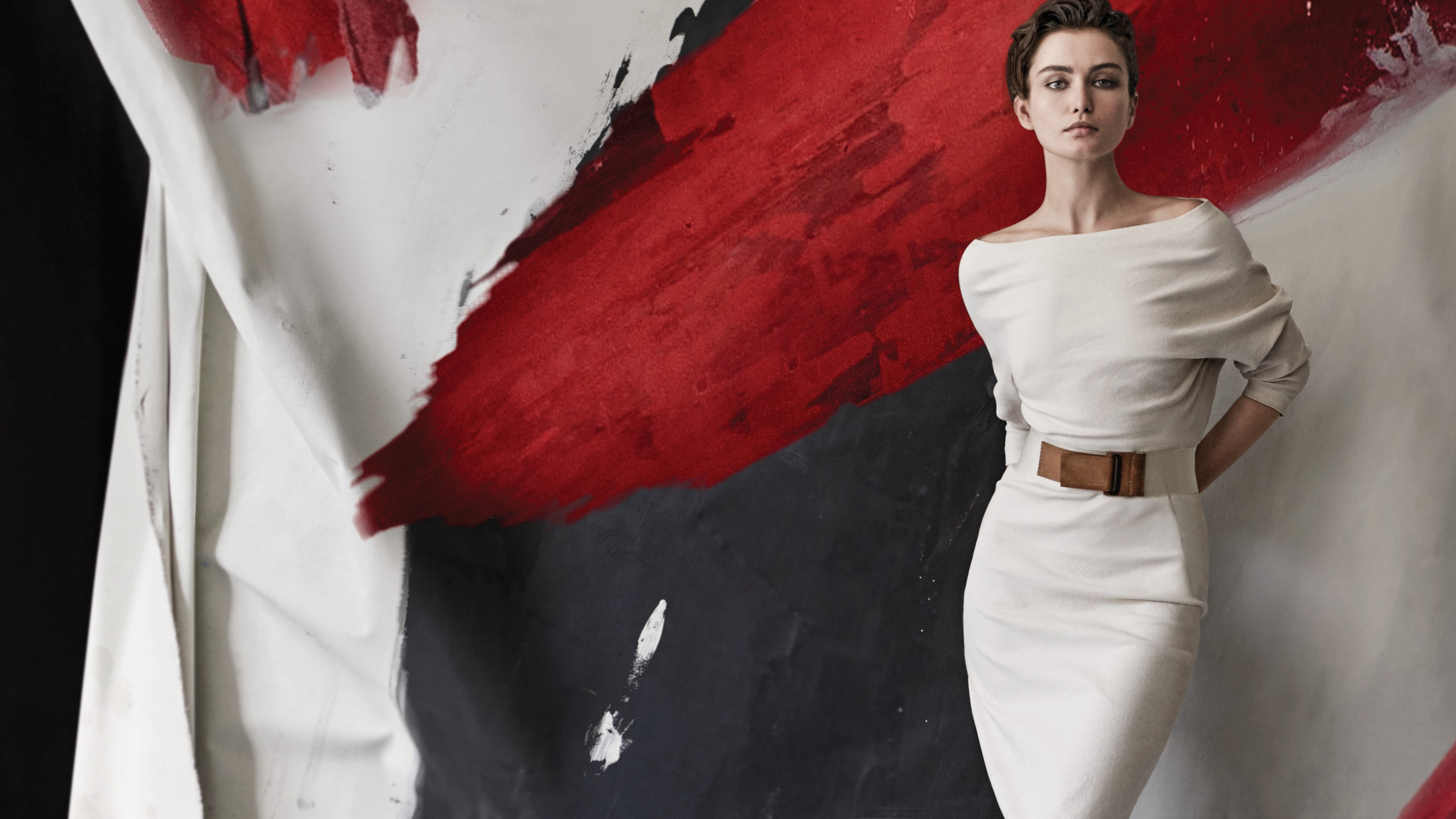 woman, white dress, shoulder, white, Top Fashion Models 2015, dress, brunette, wears, bodycon, sleeved, model, Andreea Diaconu, elbow, 4K, HD Wallpaper