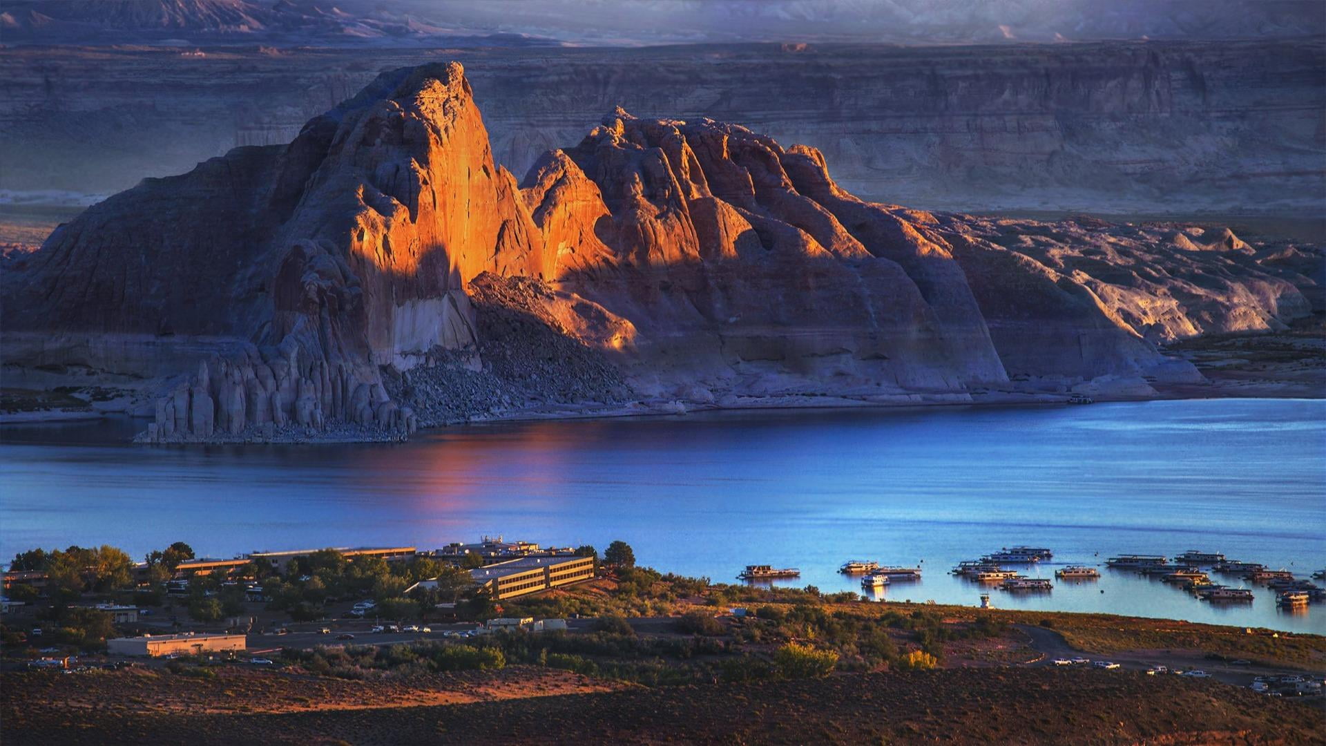 land, nature, beauty in nature, solid, environment, united states, arizona, evening, water, mountain range, lake powell, sea, rock, travel destinations, HD Wallpaper
