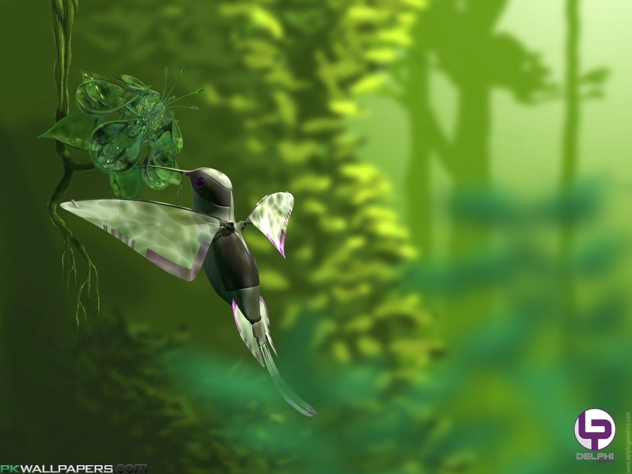 depth of field, trees, 720P, flying, colibri (bird), grass, CGI, HD Wallpaper
