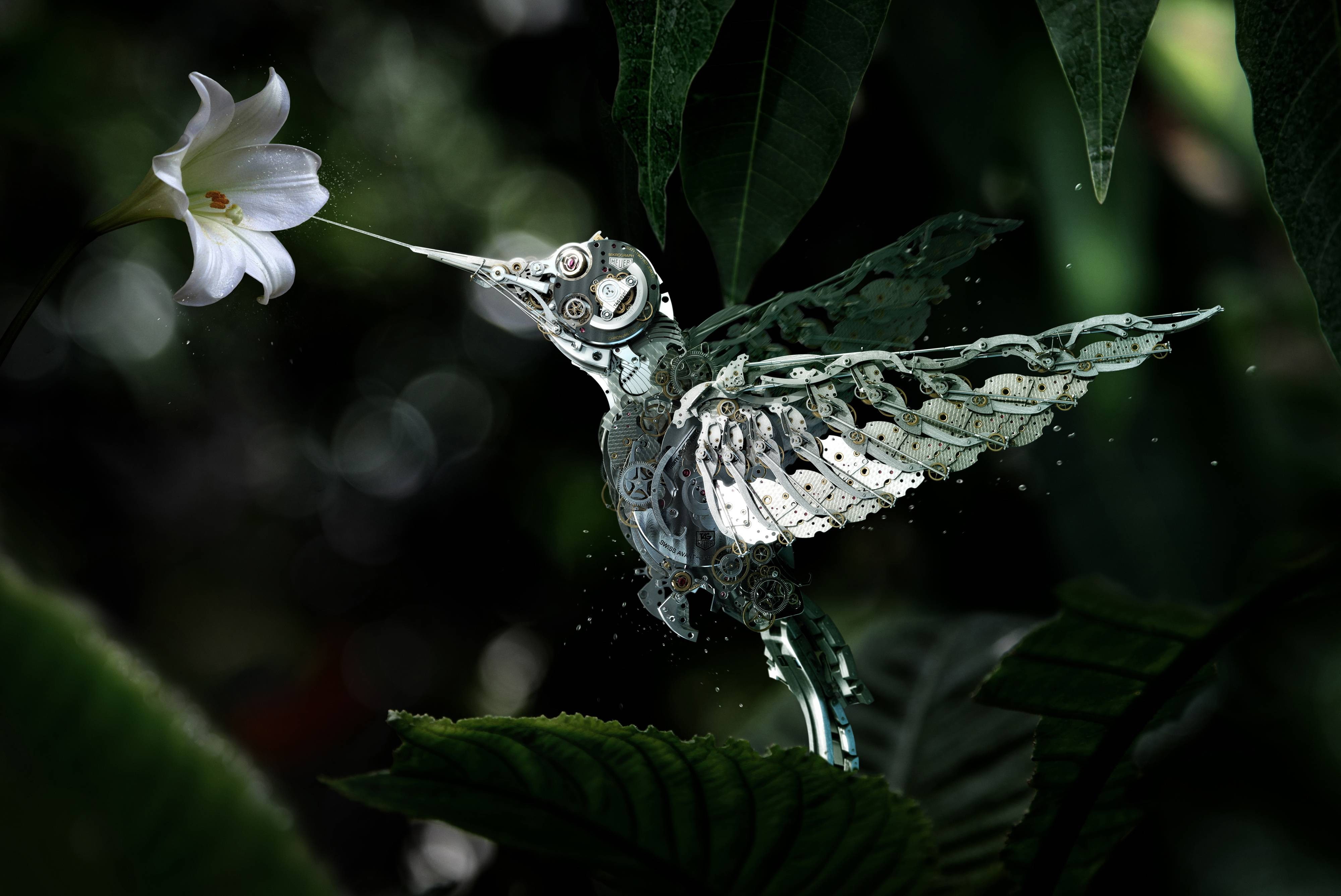 gears, digital art, birds, hummingbirds, white flowers, nature, machine, 4K, render, flowers, HD Wallpaper