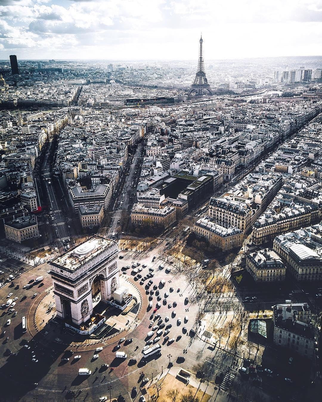 720P, Paris, city, Eiffel Tower, traffic, Arc de Triomphe, vertical, clouds, Phone HD Wallpaper