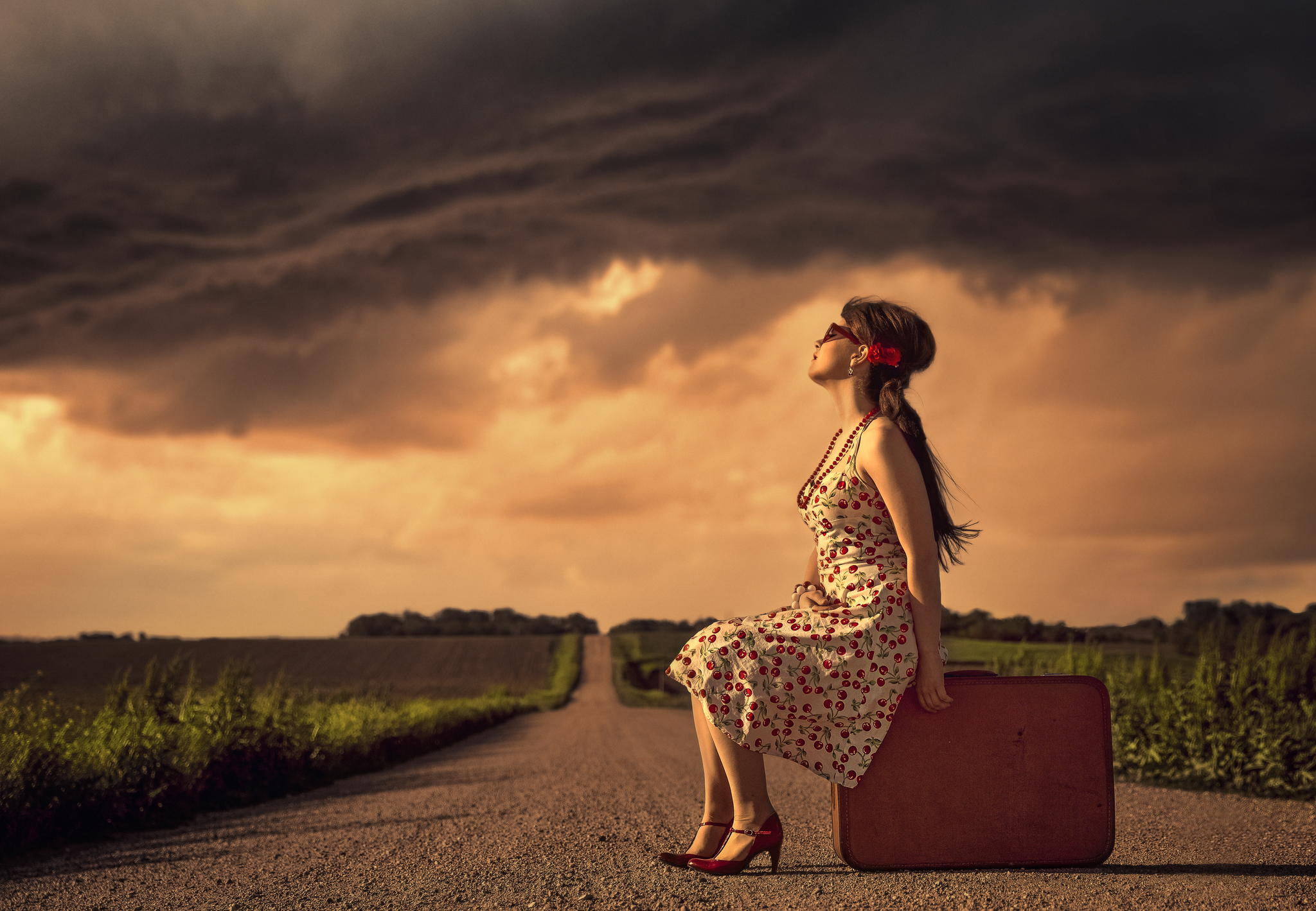 land, outdoors, s, sky, dress, adult, young adult, suitcase, white, young women, nature, beauty, fashion, 1080P, cloud - sky, green, beautiful woman, plant, HD Wallpaper
