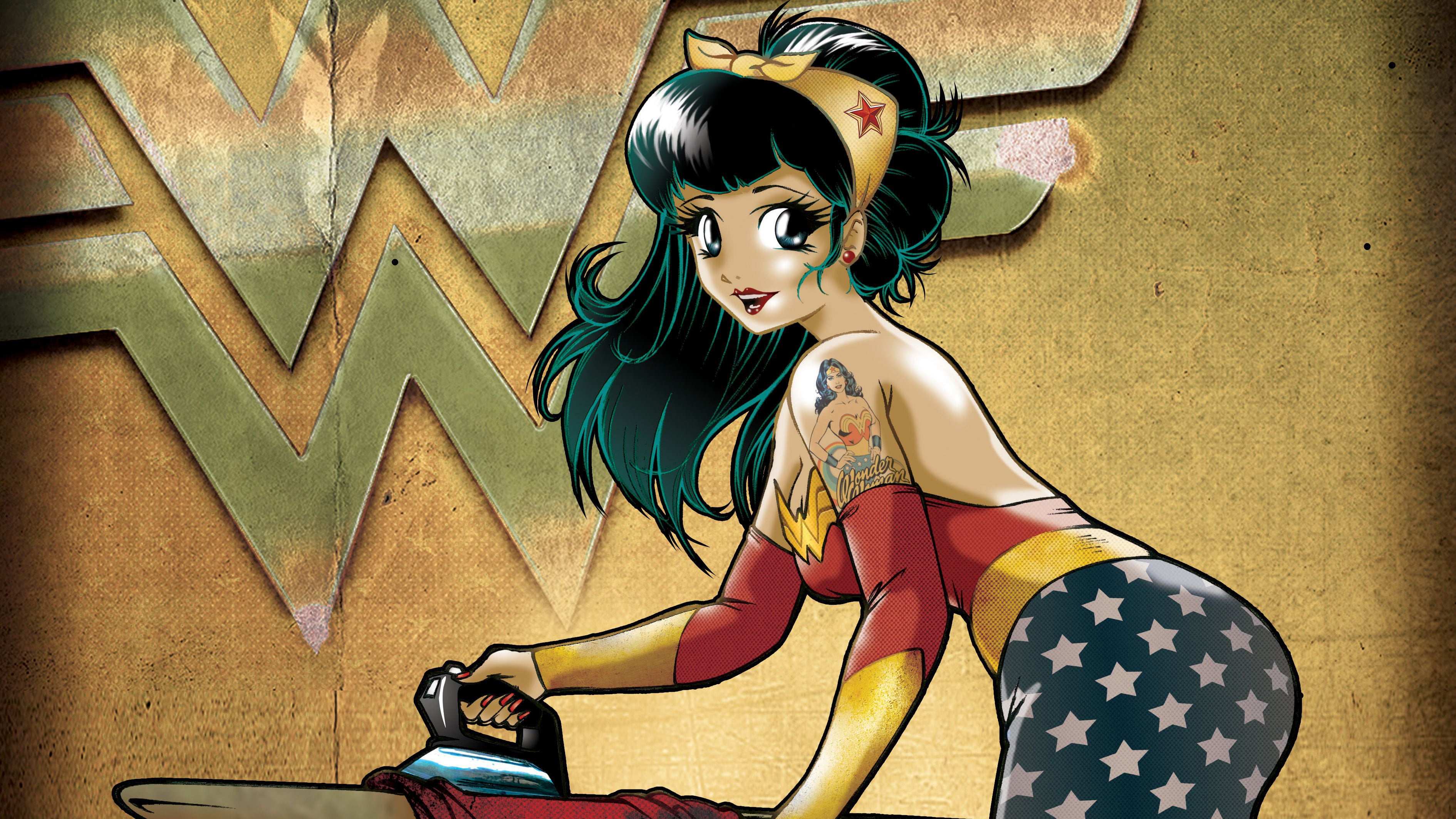 Wonder Woman, Tattoo, Lipstick, 2K, Blue Eyes, Pin-Up, Girl, Comics, HD Wallpaper