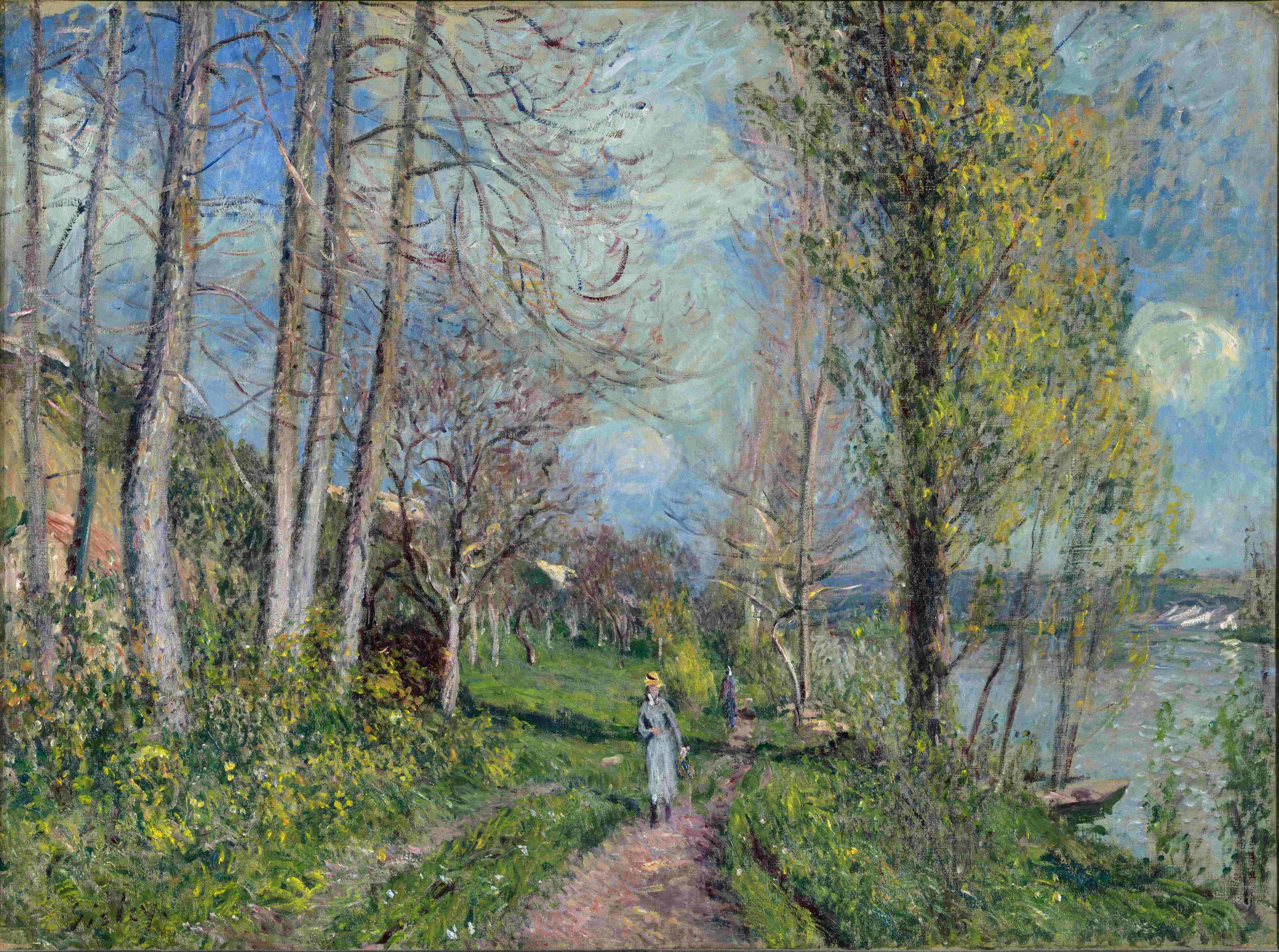 outdoors, tranquility, one person, girl, leisure activity, road, beauty in nature, painting, woman, path, footpath, land, standing, picture, tree, Alfred Sisley, HD Wallpaper