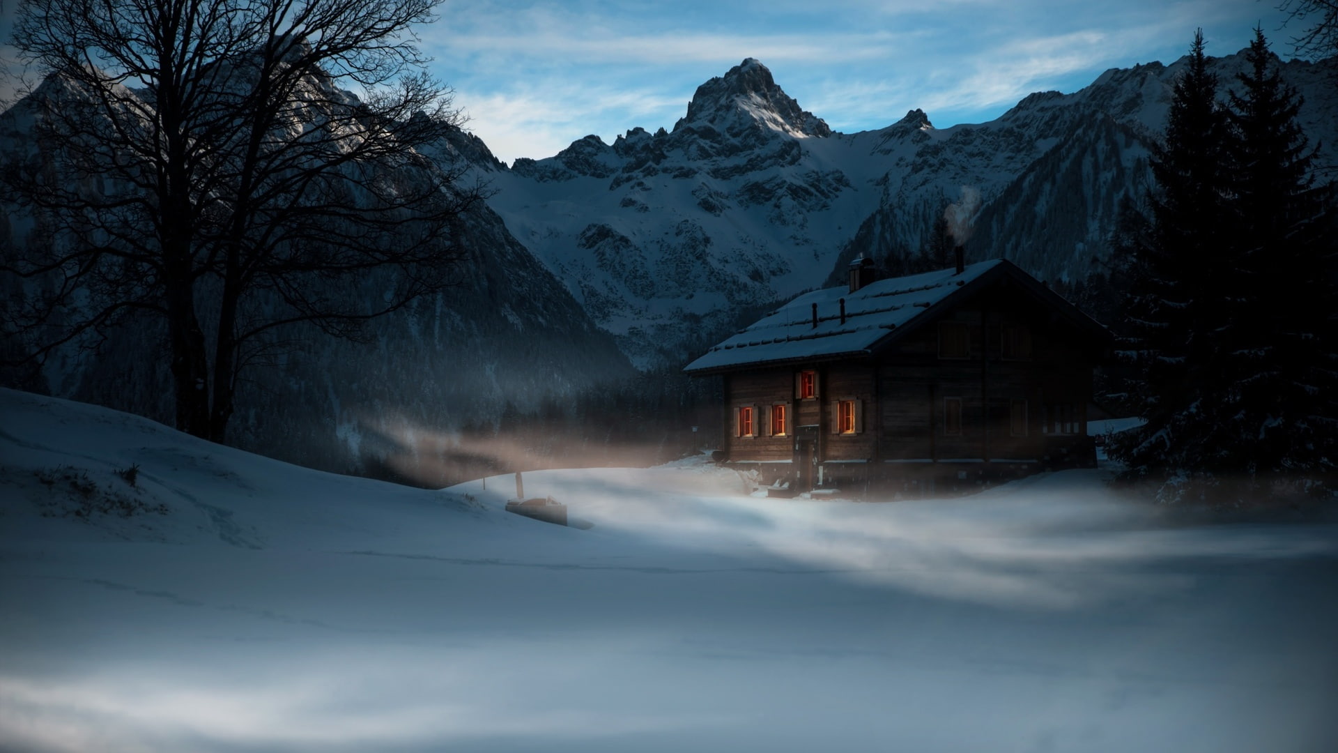 mist, evening, snow, 1080P, nature, pine trees, trees, mountains, winter, cabin, landscape, cold, HD Wallpaper