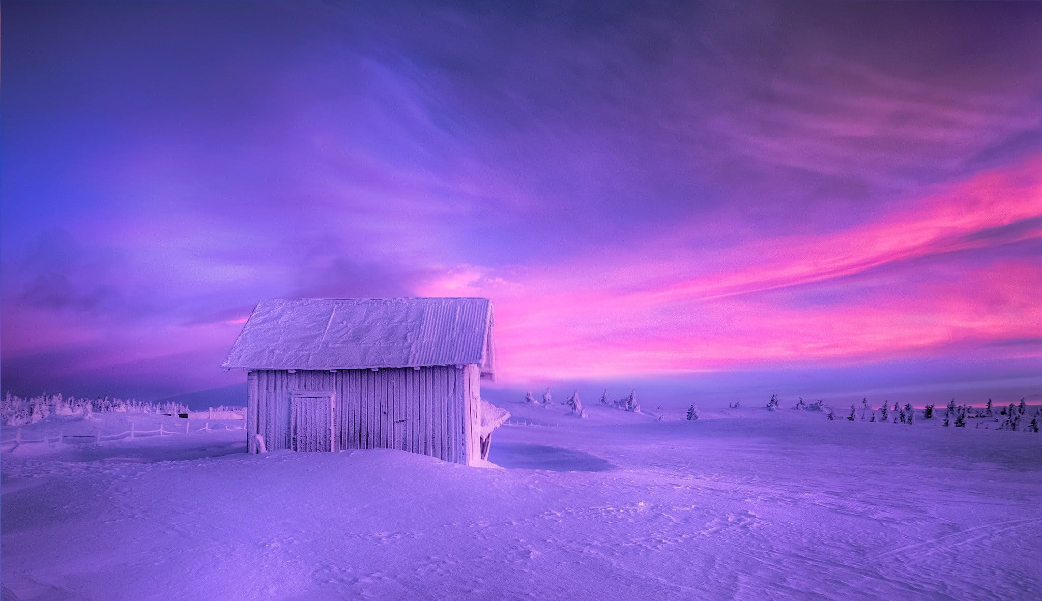 cold, hut, no people, long exposure, Norway, land, fence, sky, cloud - sky, nature, built structure, environment, purple, frost, 1080P, scenics - nature, HD Wallpaper