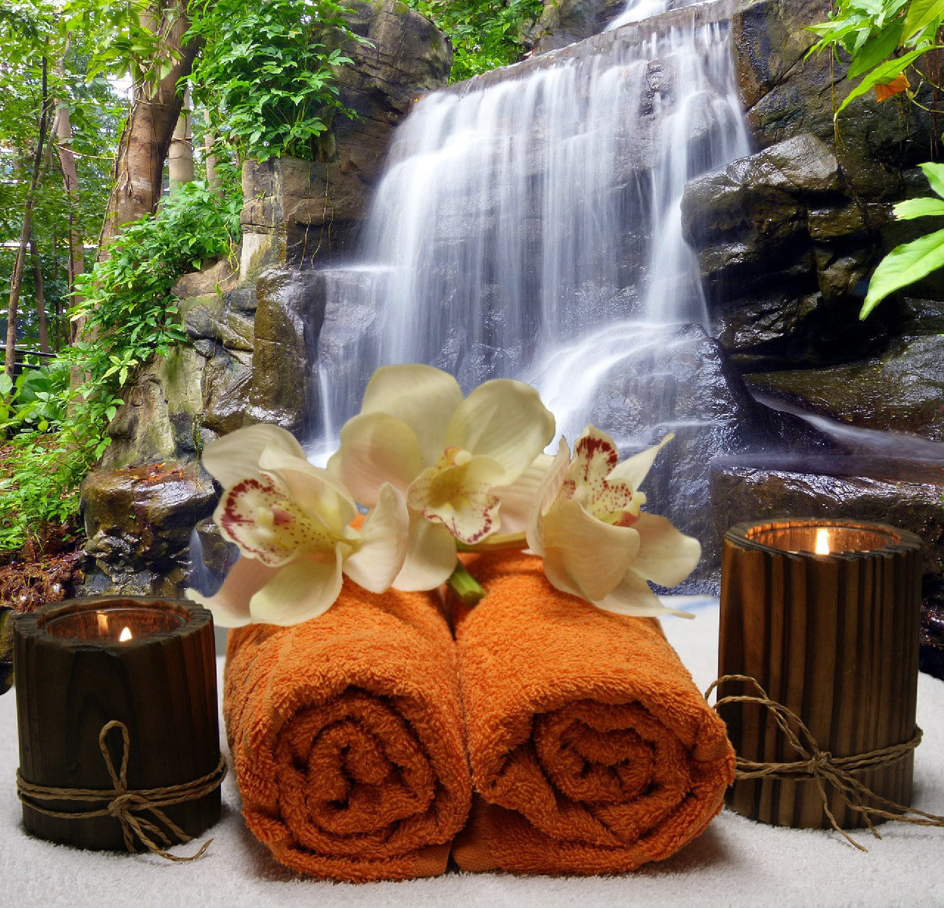 towels, plant, candles, no people, long exposure, motion, beauty in nature, 1080P, candle, food and drink, wellness, harmony, relaxation, flowering plant, HD Wallpaper