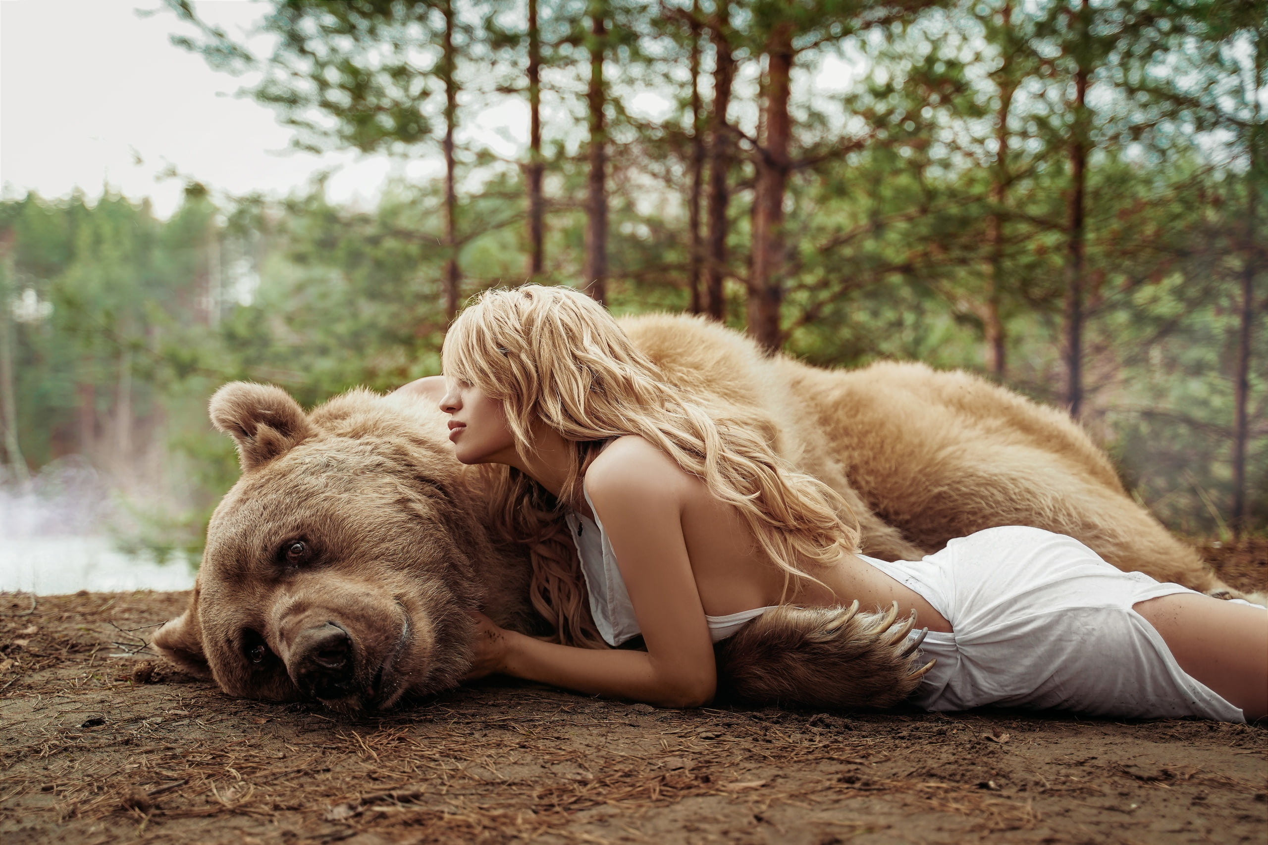 Irina Morozova, girl, Masha Glushchuk, bear, 2K, HD Wallpaper