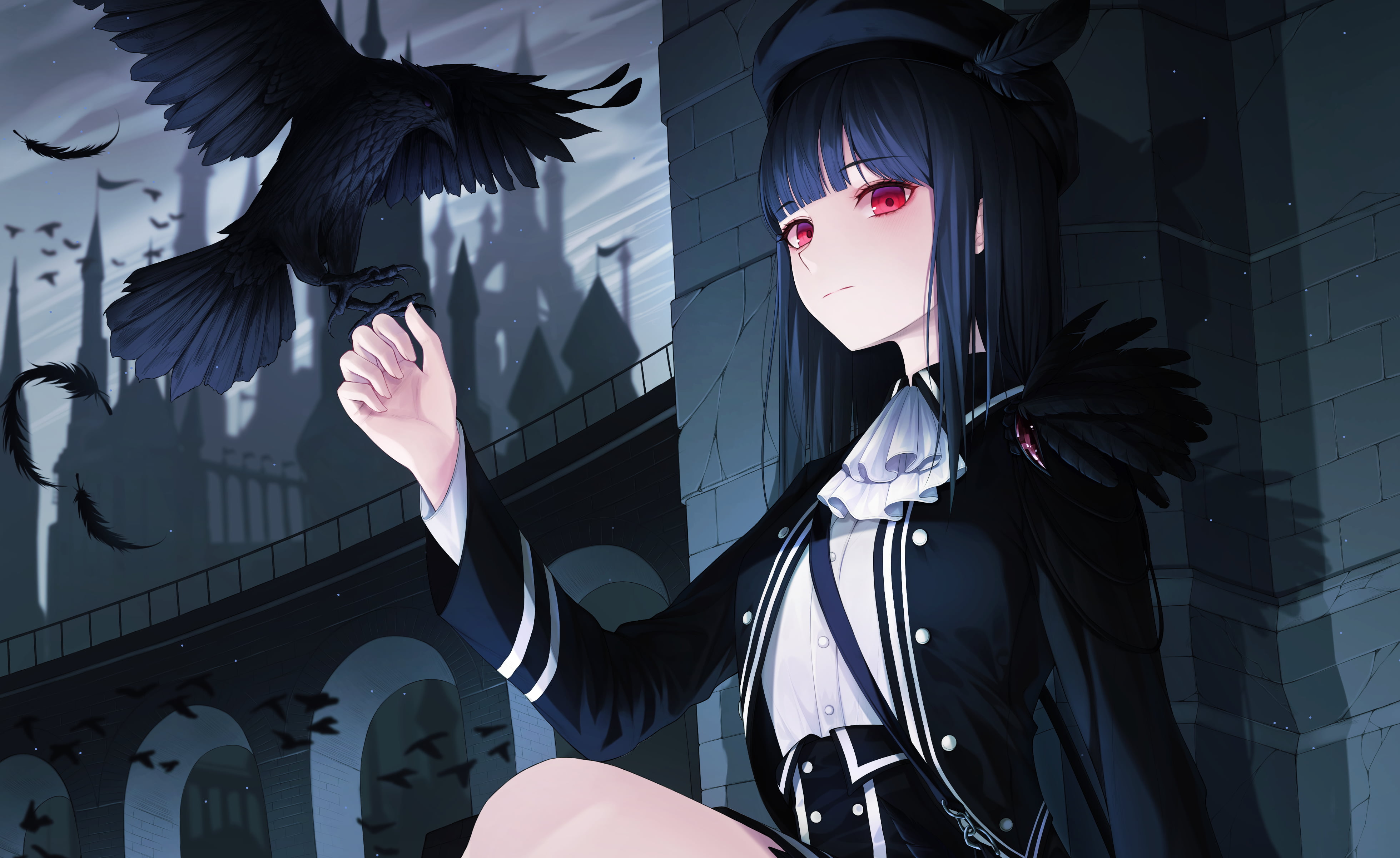 crow, dark hair, artwork, anime girls, digital art, anime, original characters, ilustration, 4K, red eyes, looking at viewer, black hair, HD Wallpaper