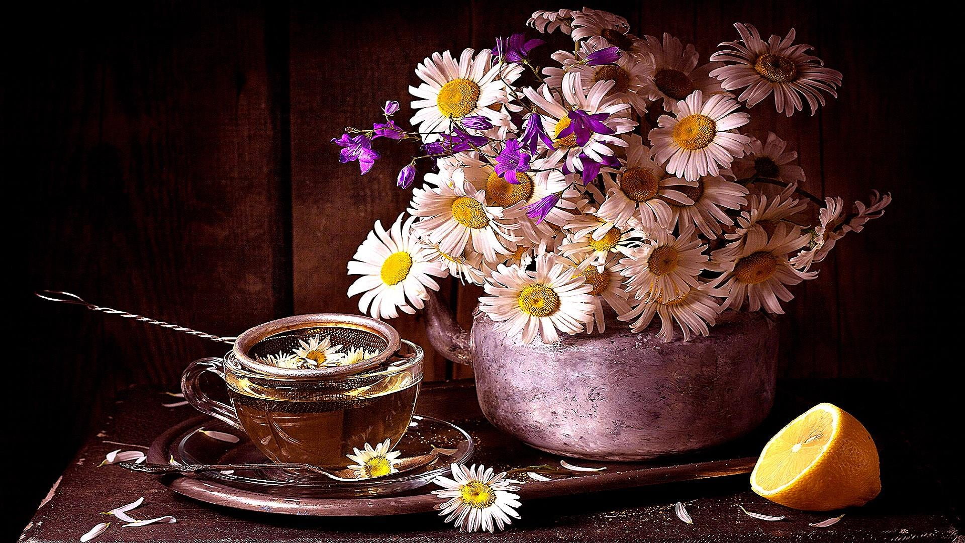 wood - material, purple, lemon, flower head, food, beauty in nature, still life, nature, indoors, flowering plant, bunch of flowers, bouquet, container, HD Wallpaper