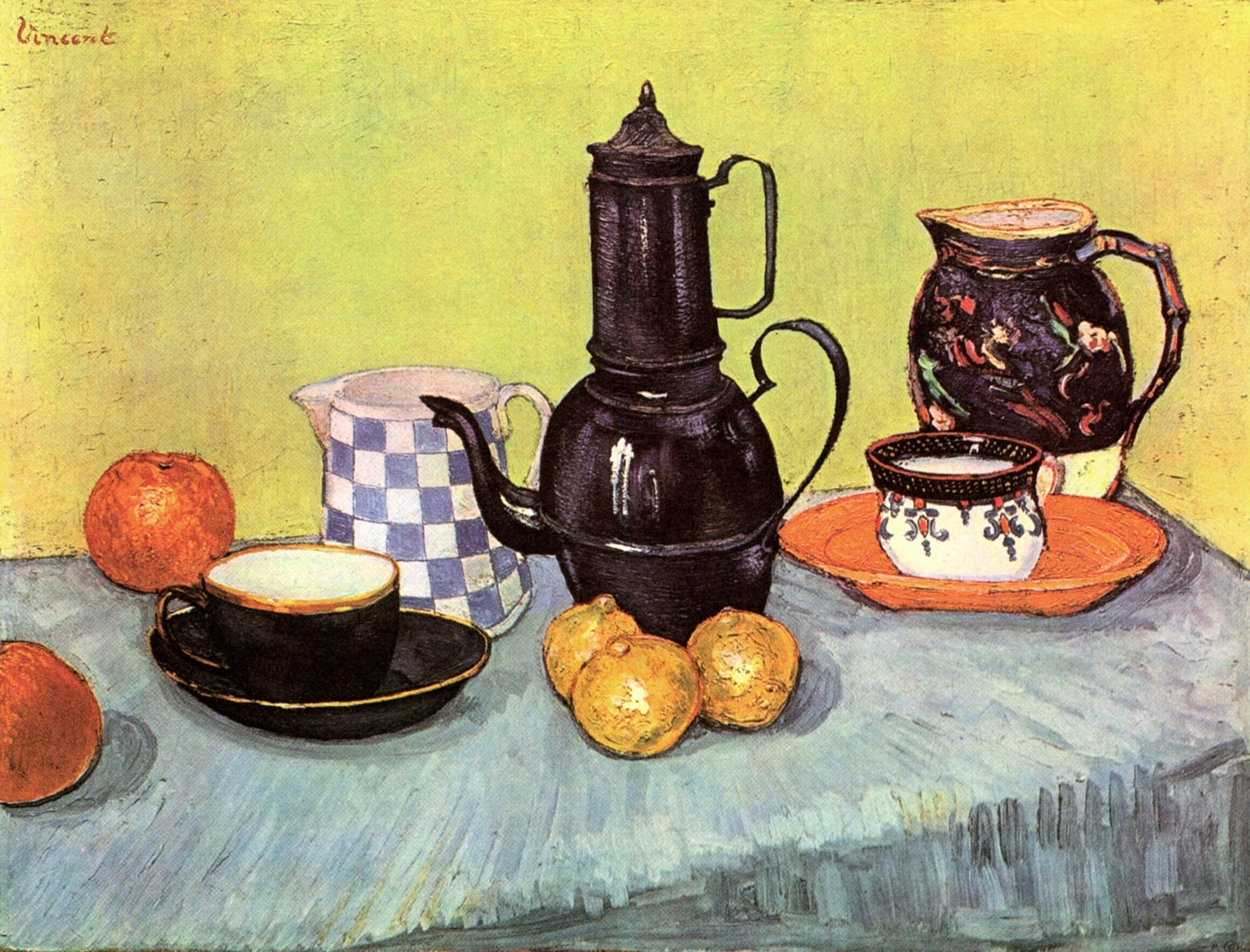 Still Life Blue Enamel Coffeepot, 1080P, kettle, Vincent van Gogh, lemons, apples, table, Earthenware and Fruit, HD Wallpaper