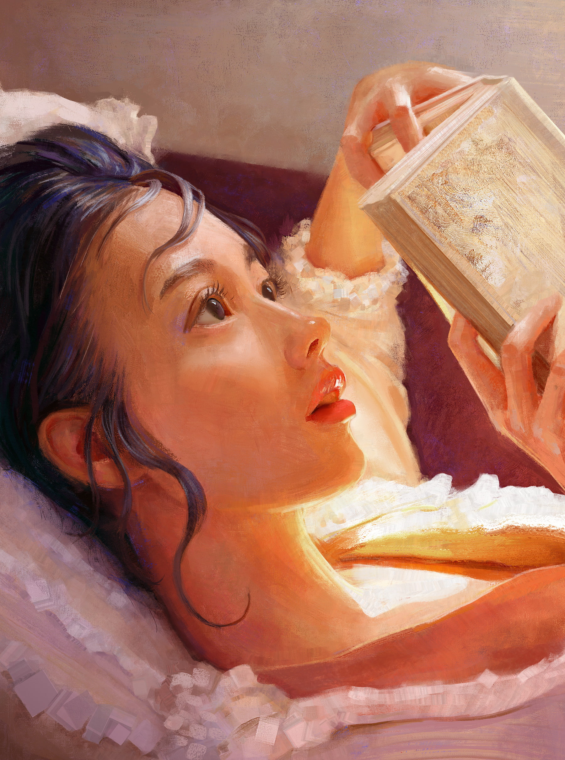 realist, reading, Mandy Jurgens, digital art, books, artwork, 1080P, women, painting, illustration, Phone HD Wallpaper