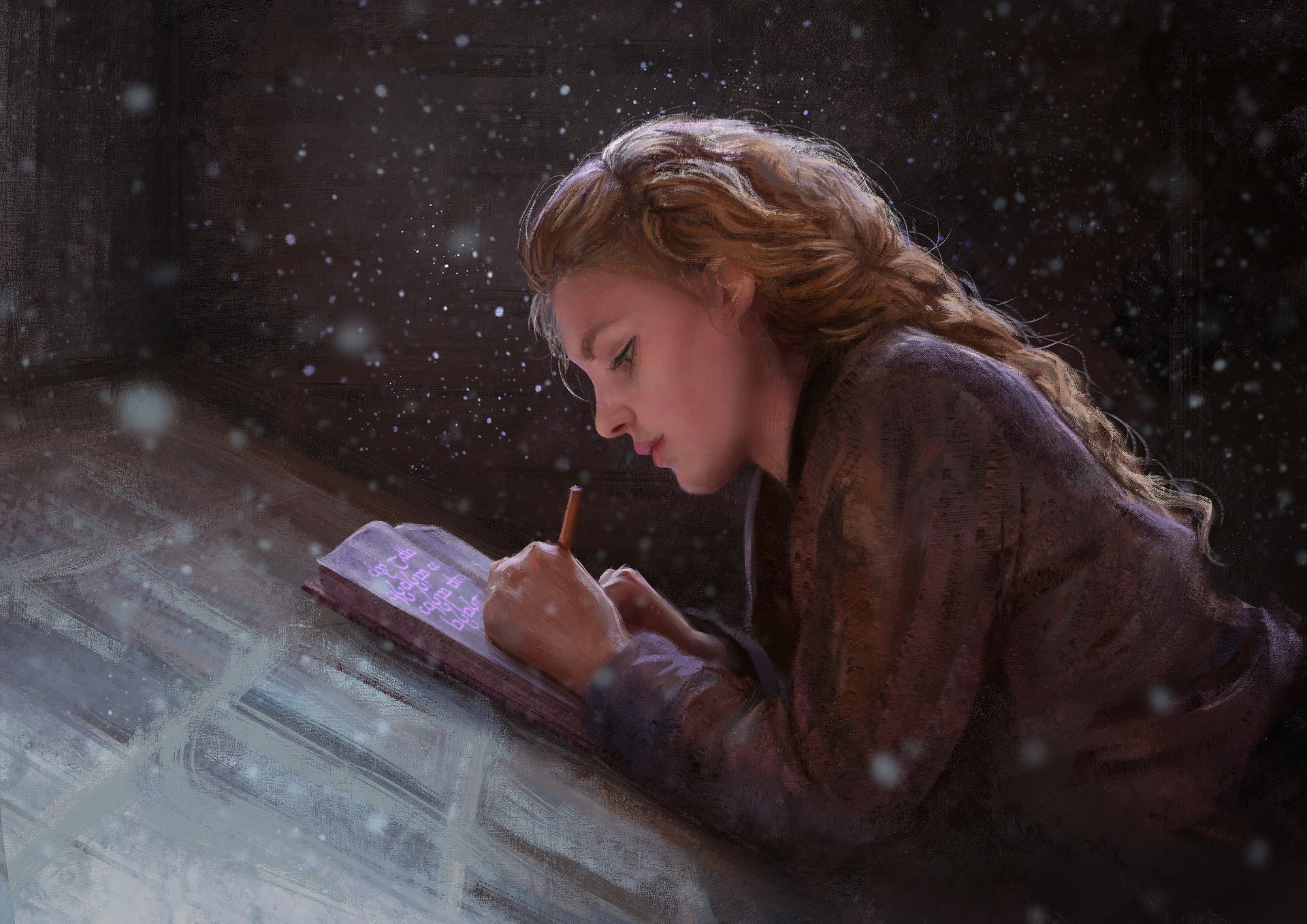 activity, concentration, child, outdoors, looking, magic, looking down, profile view, childhood, books, contemplation, girls, side view, snowing, headshot, HD Wallpaper
