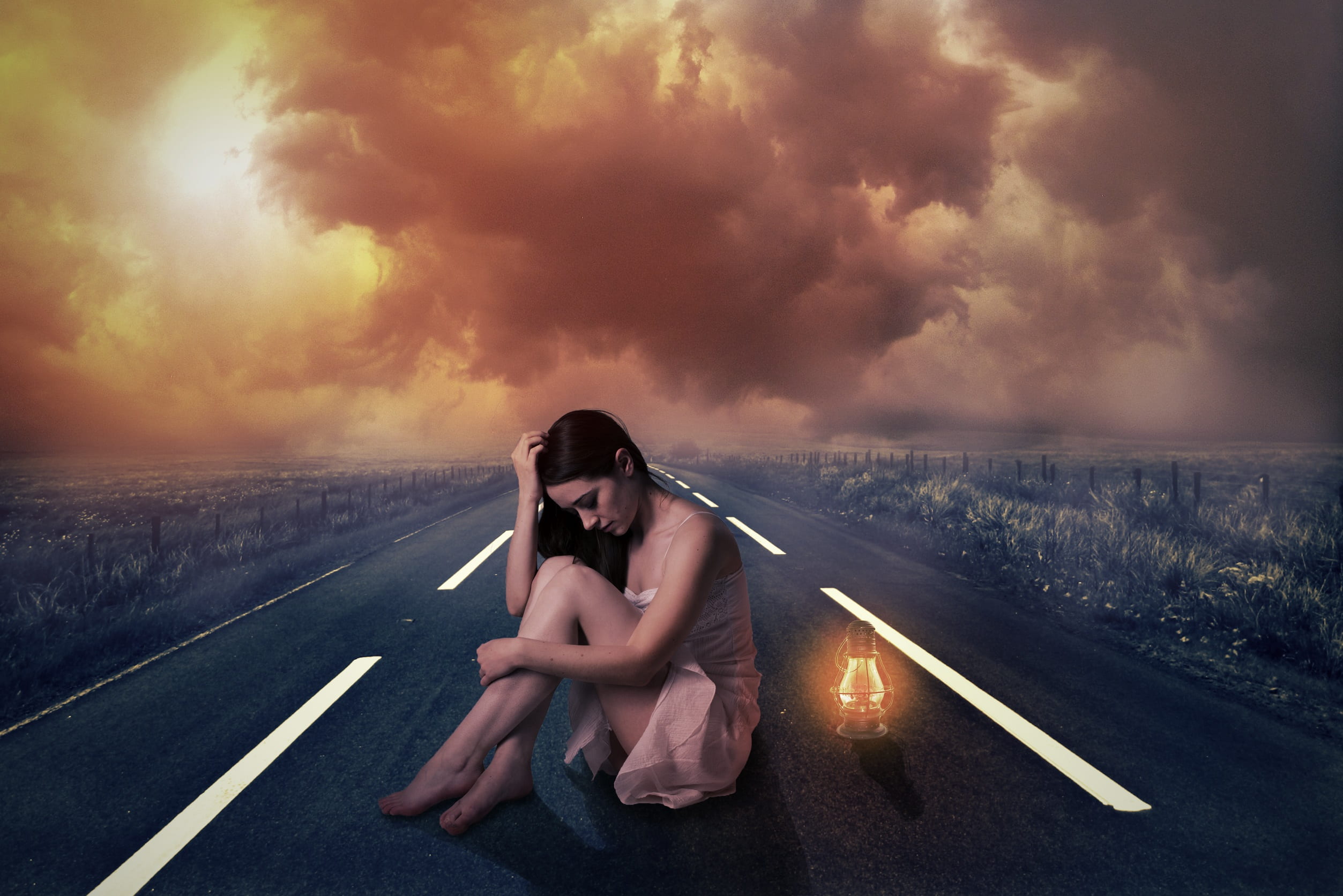 model, transportation, relationship difficulties, emotion, cloud - sky, sadness, nature, woman, hopelessness, road, negative emotion, sky, one person, alone, HD Wallpaper