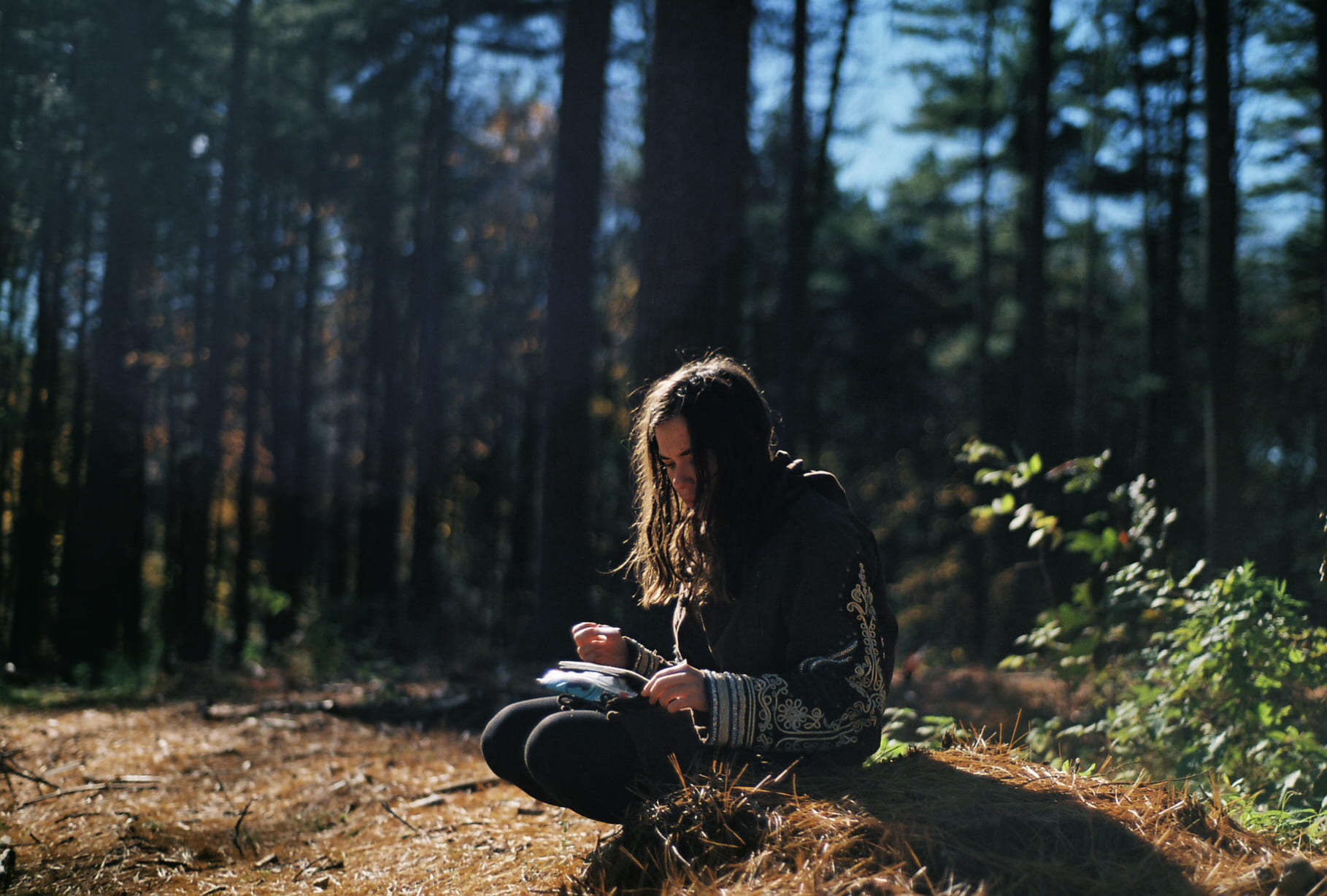 pensive, book, woman, adult, contemplation, women, hiking, woodland, sunlight, long hair, sitting, spring, plant, writer, journaling, leisure activity, HD Wallpaper