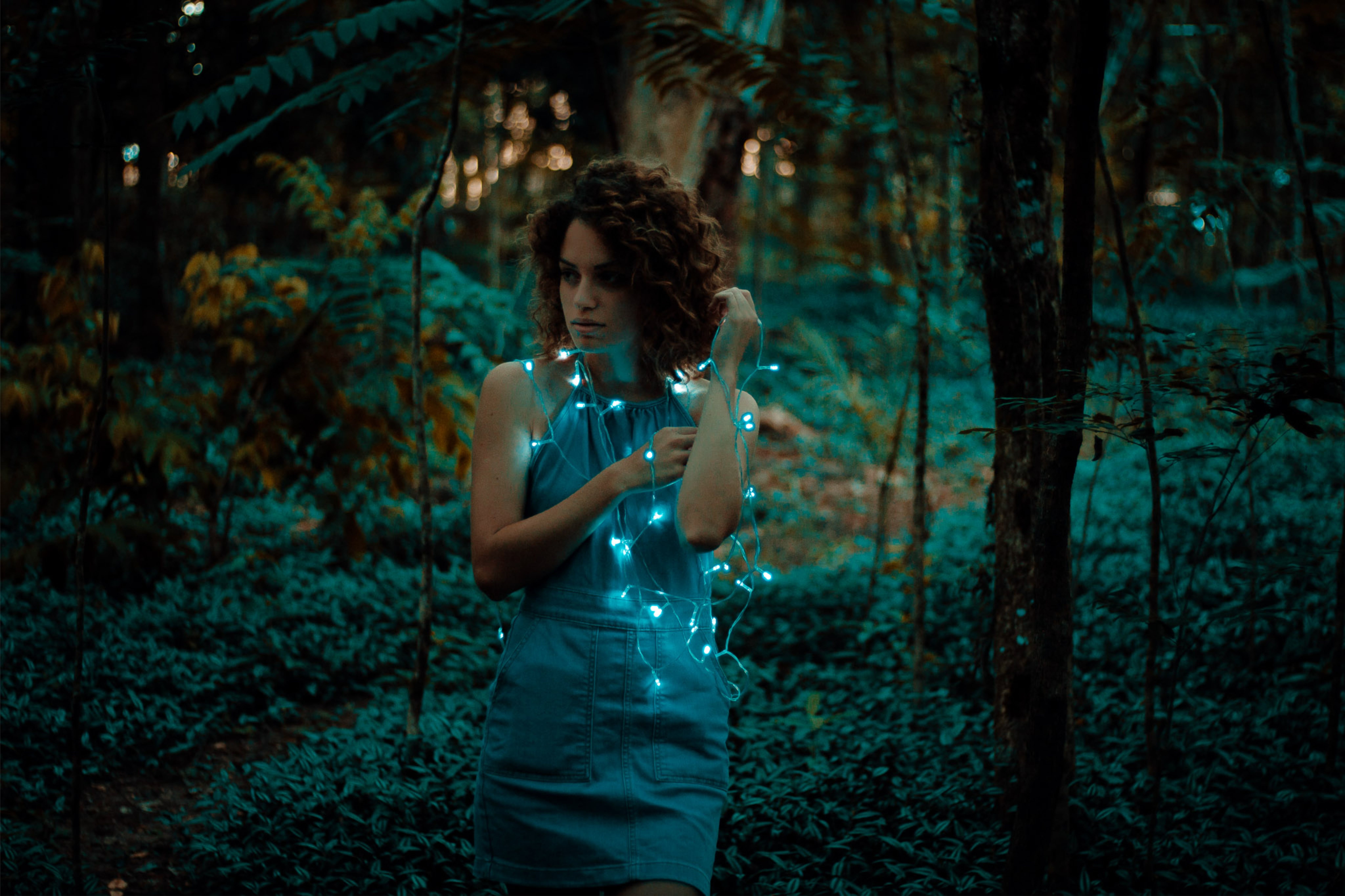 adult, one person, young women, night, people, outdoors, three quarter length, women, hair, hairstyle, leaves, plant, spooky, beautiful woman, curly, looking, HD Wallpaper