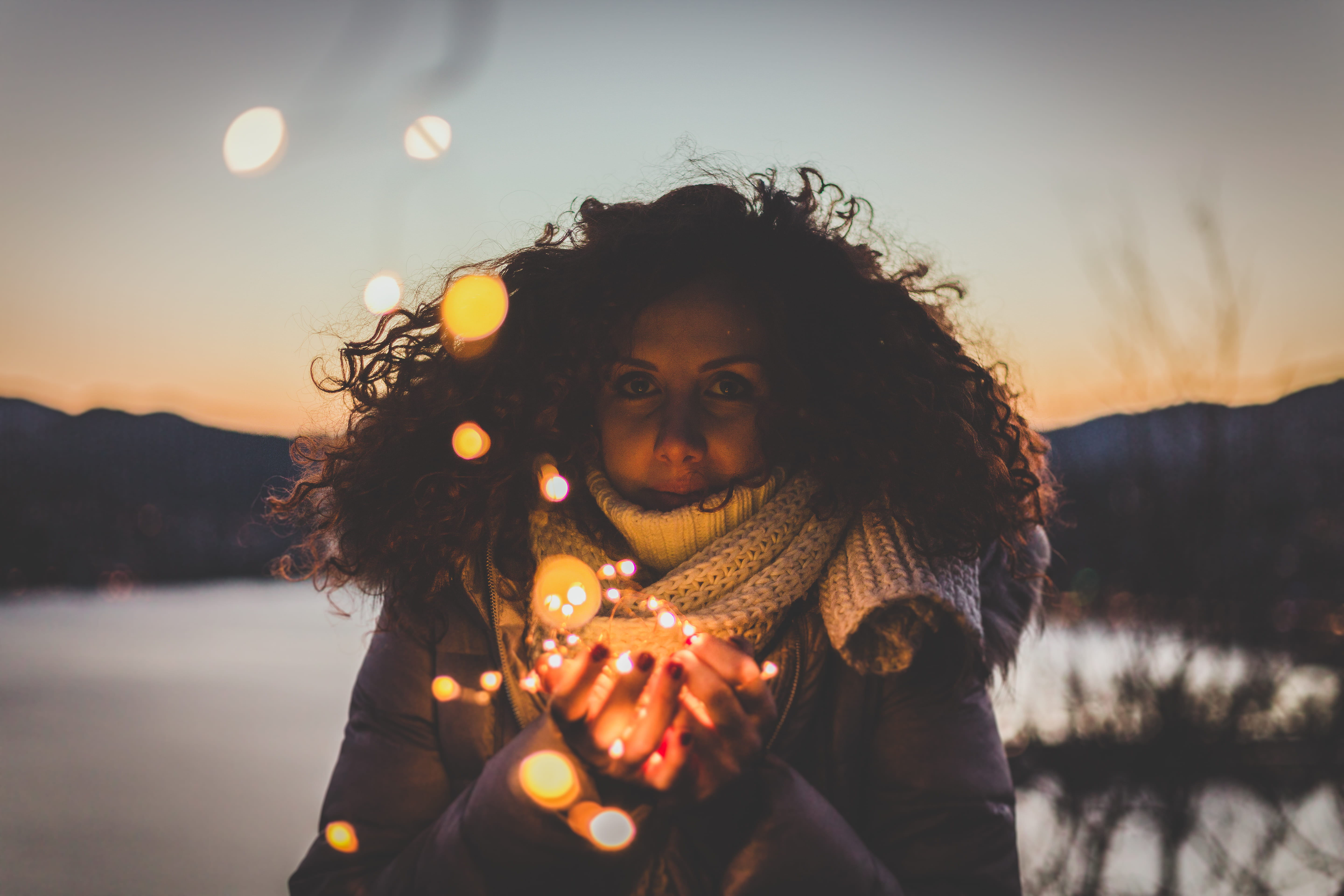 wear, hair, lake, 5K, front view, women, headshot, one person, coat, adult, nature, holding, style, sky, sunset, wearing, light, scarf, clothing, girl, HD Wallpaper