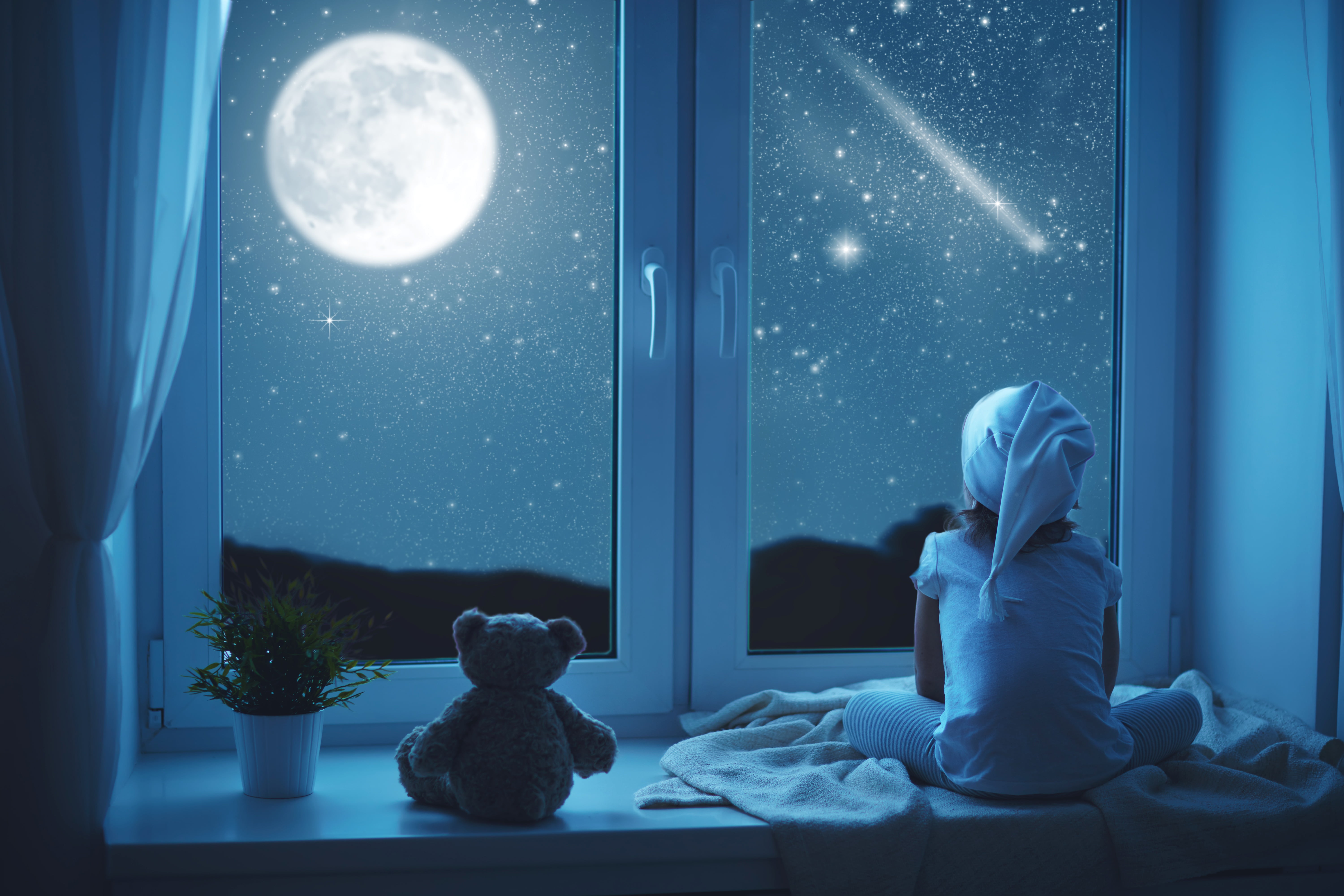 sitting, girl, 5K, child, bear, window, the moon, night, HD Wallpaper