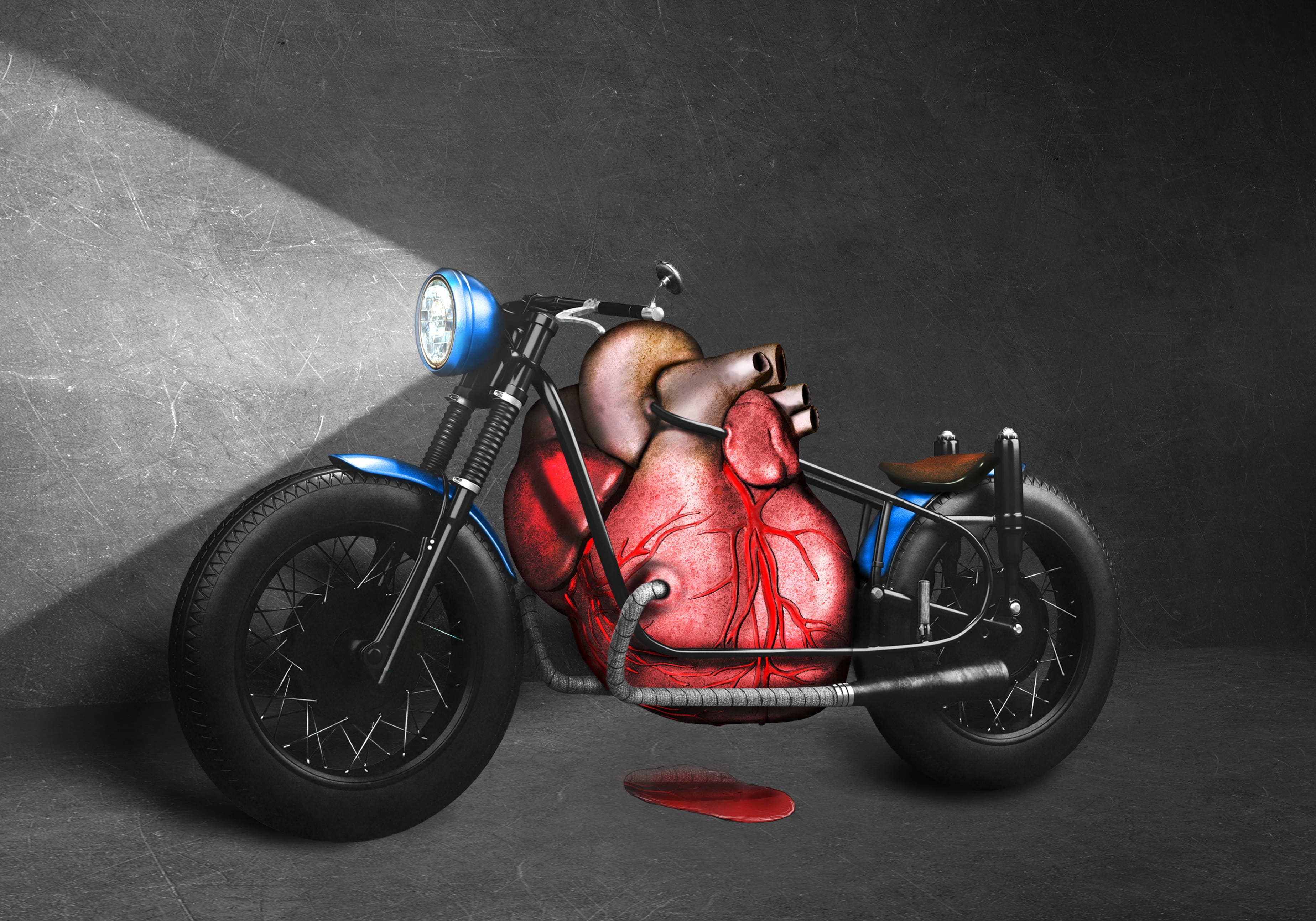 motorcycle, adult, creative, ride, transportation, gray, lying down, light, photoshop, engine, blood, two weels, headlight, one person, medical equipment, HD Wallpaper