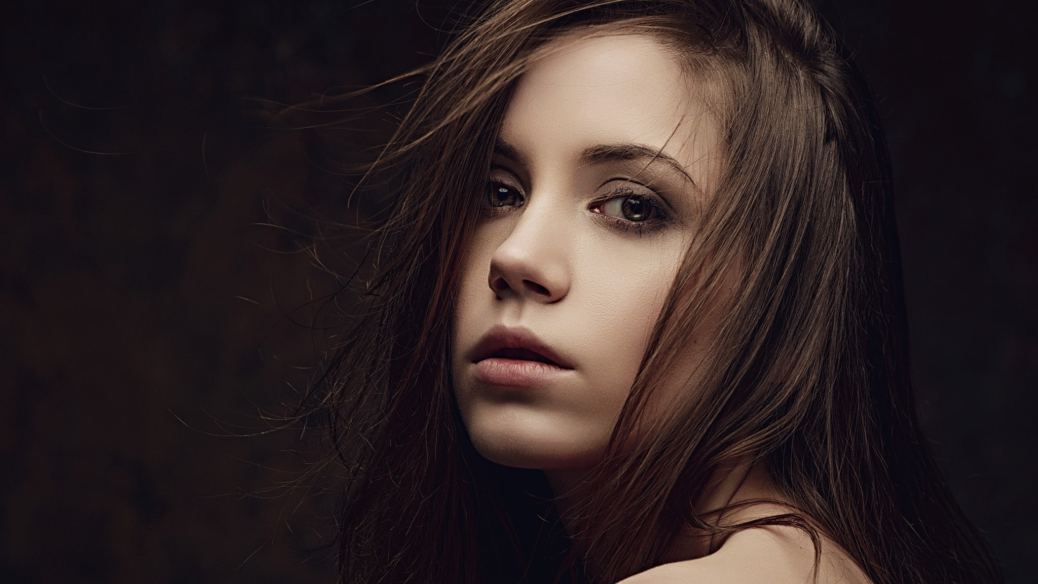 beautiful woman, headshot, glamour, dark, fashion, Ksenia Kokoreva, adult, beautiful people, brown hair, hair, women, model, human hair, portrait, looking at viewer, HD Wallpaper