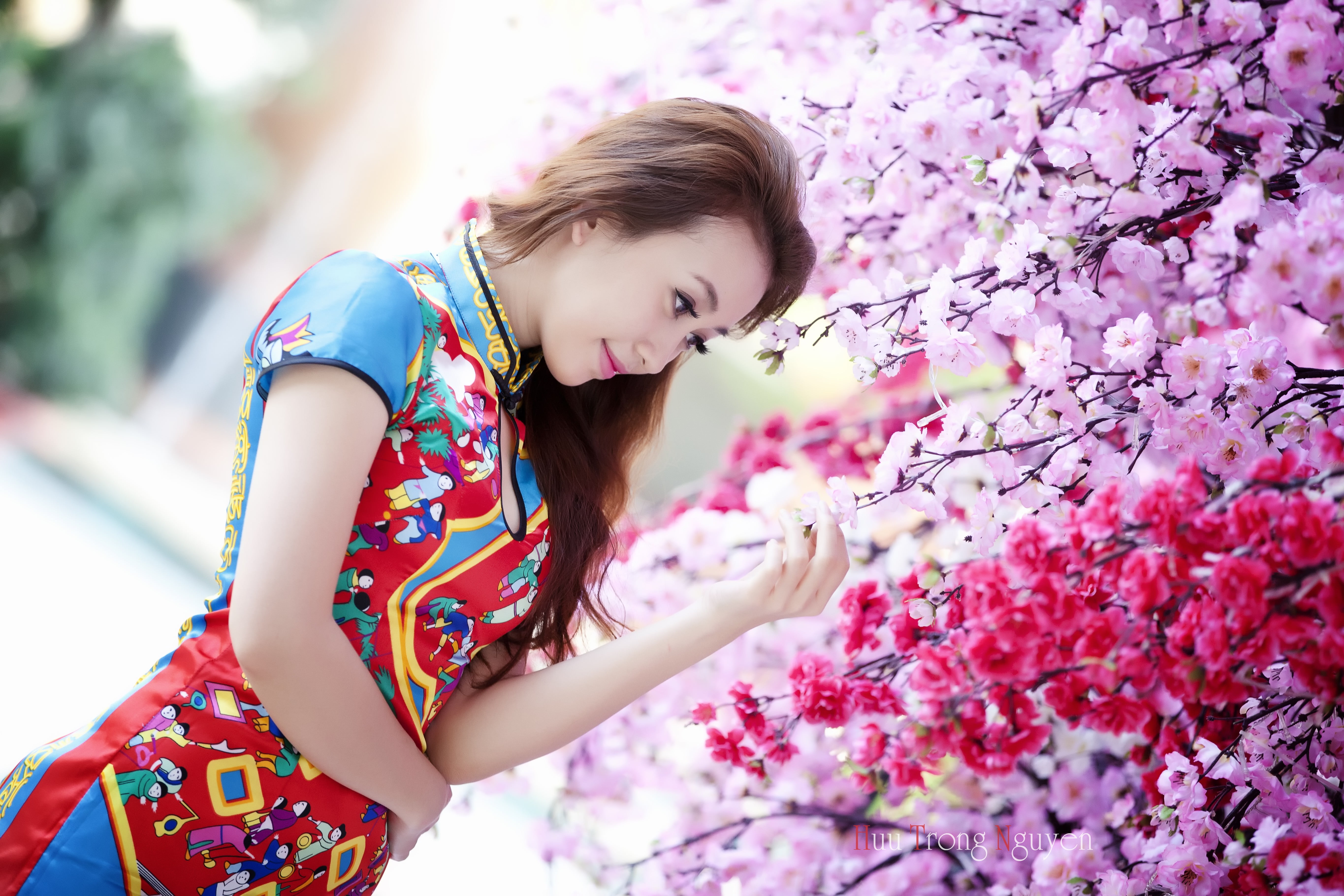 cherry blossom, 5K, hairstyle, beauty in nature, traditional clothing, real people, flower, plant, day, freshness, brunette, flowering plant, side view, HD Wallpaper