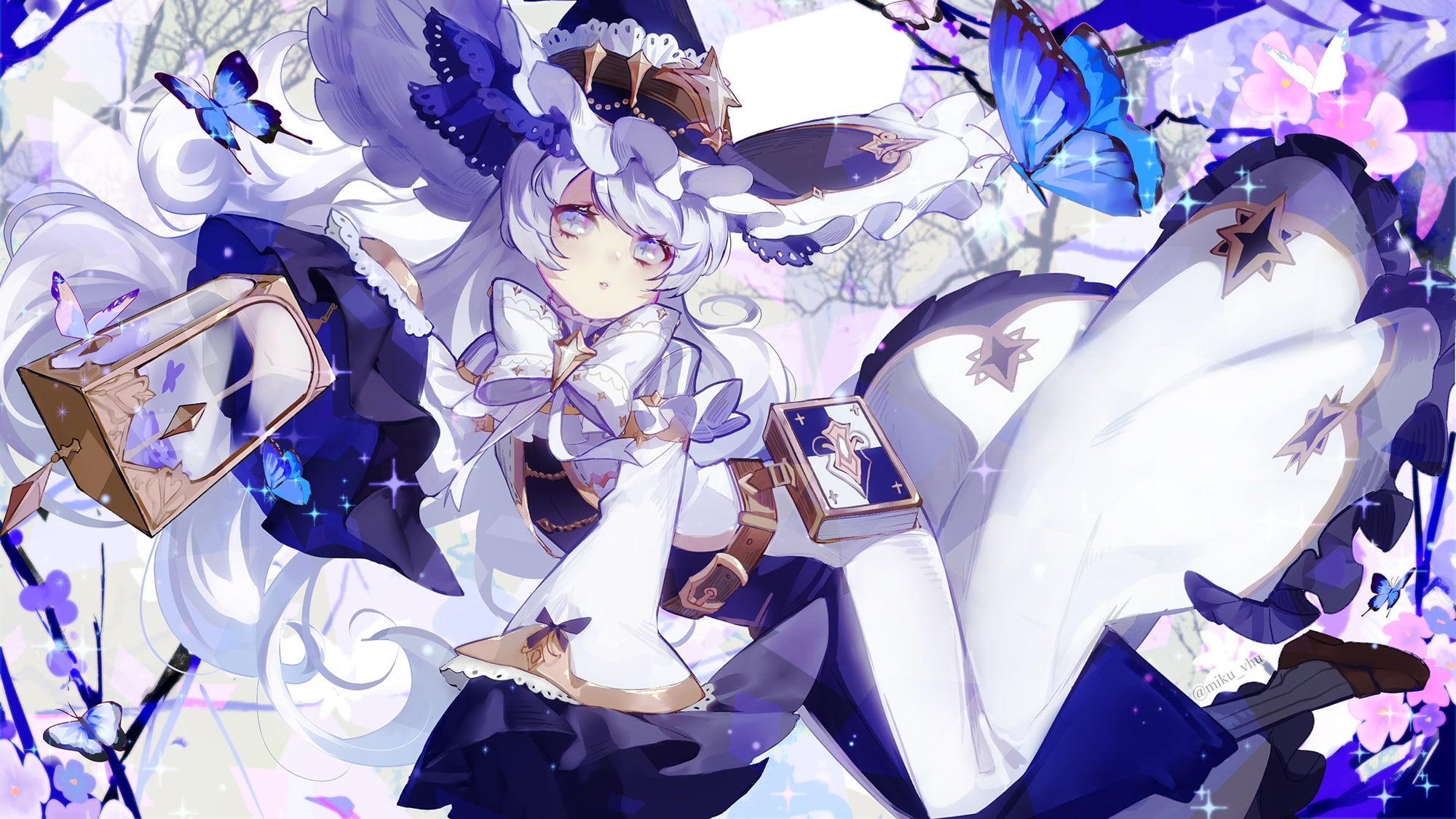 books, representation, anime girl, white color, 1080P, high angle view, purple, backgrounds, still life, witch hat, Anime, blue, dress, no people, full frame, HD Wallpaper