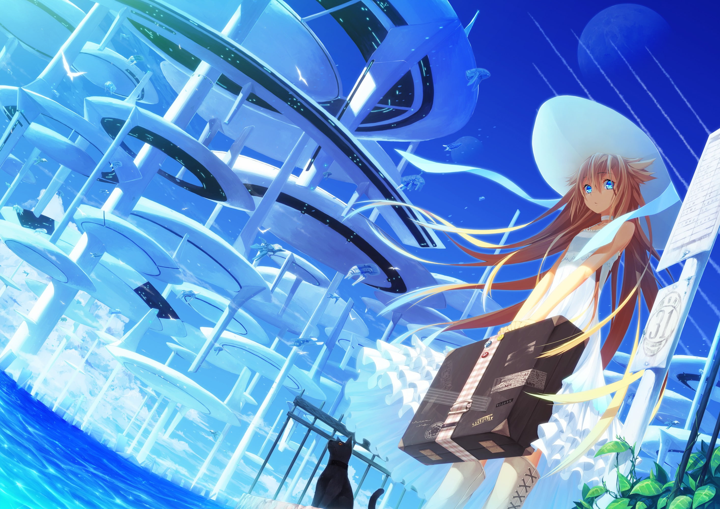 anime, 2K, suitcase, original characters, hat, cat, anime girls, HD Wallpaper