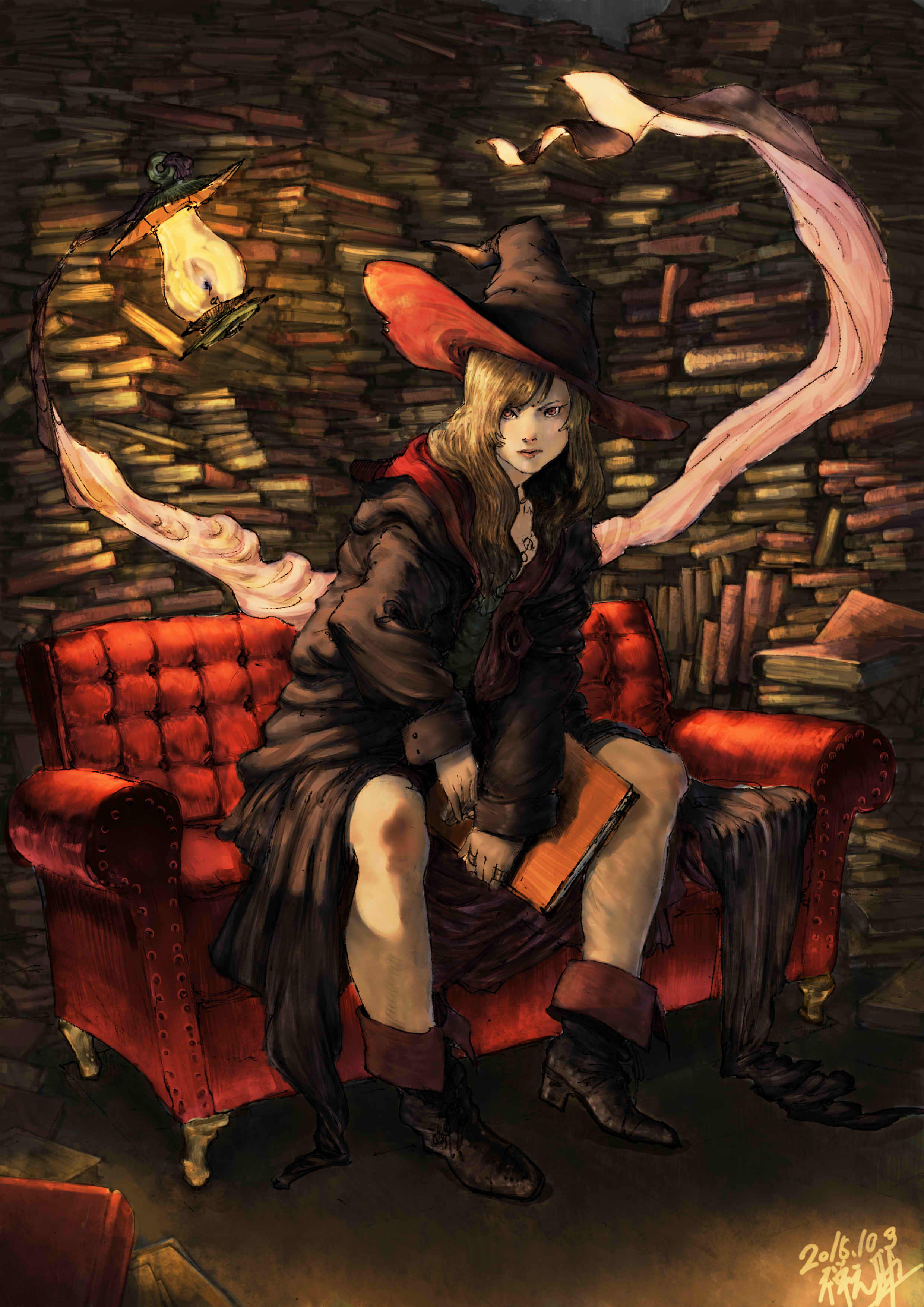 sitting, witch hat, books, anime, anime girls, couch, 2K, Phone HD Wallpaper