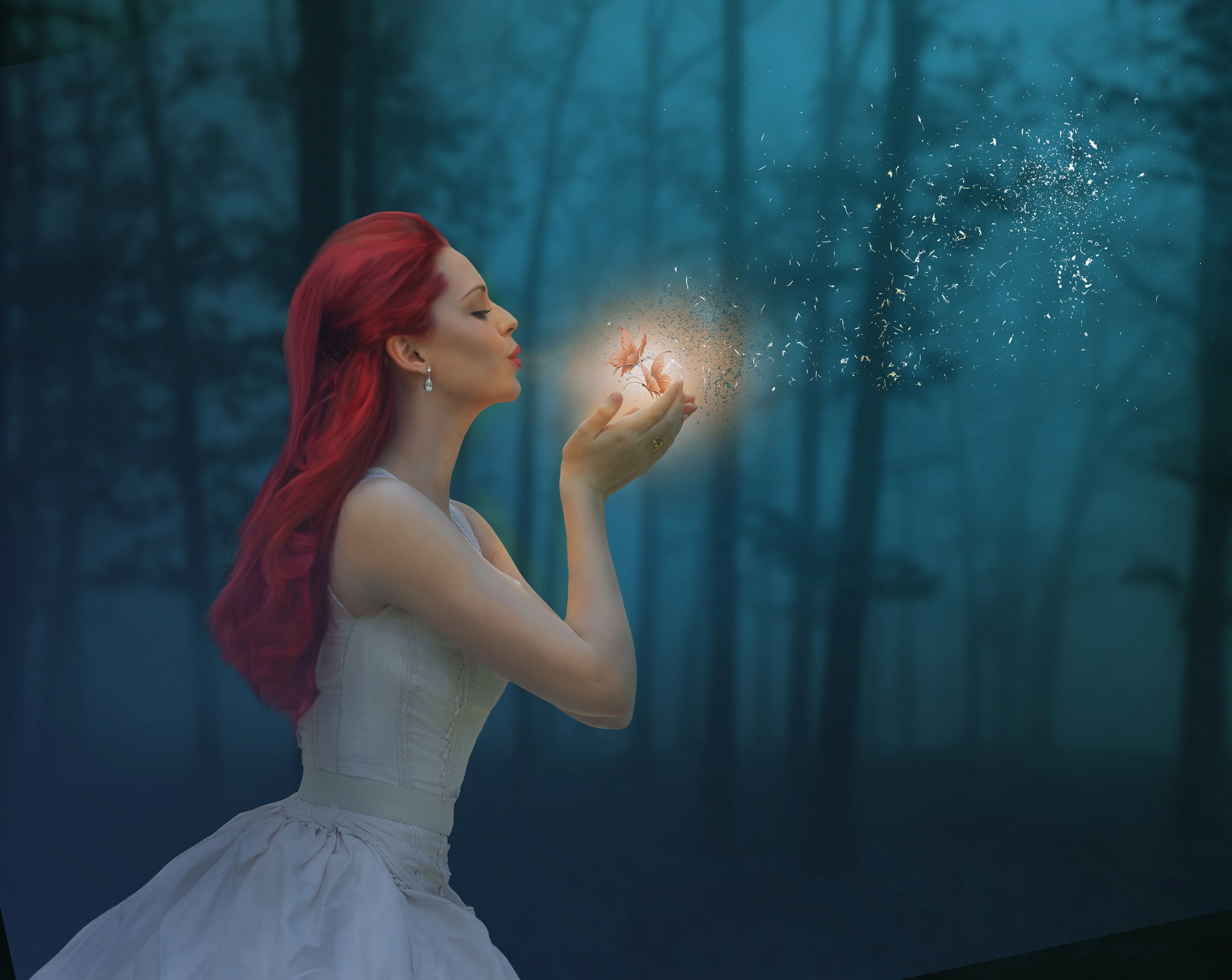 butterfly, mood, girl, forest, magic, 1080P, HD Wallpaper
