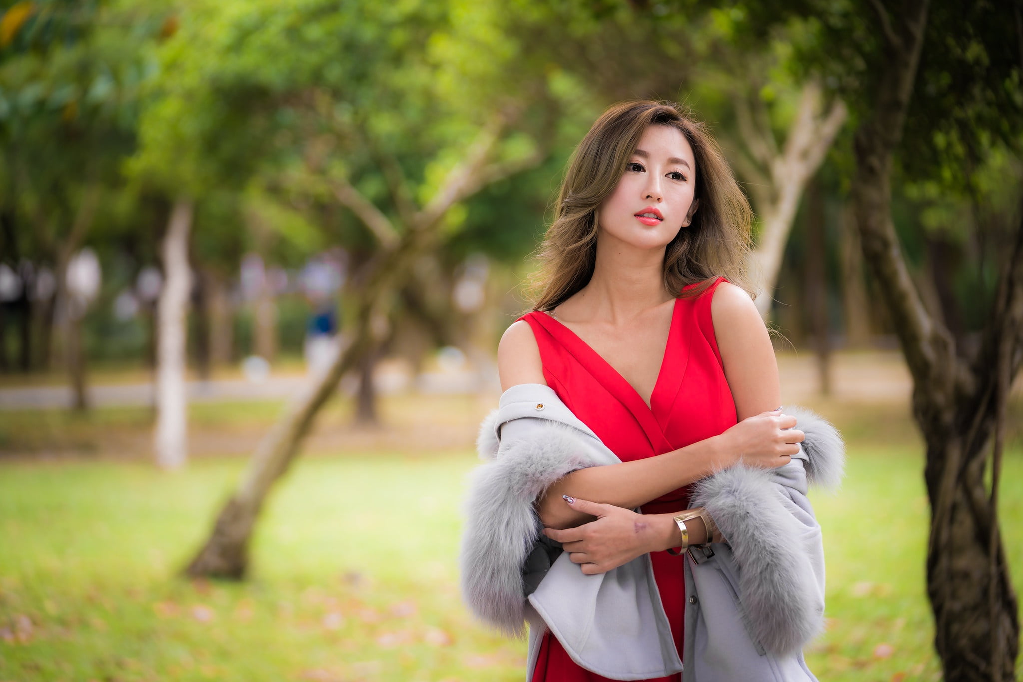 model, brunette, grass, red dress, trees, women, Fur Shawl, long hair, Asian, 1080P, HD Wallpaper