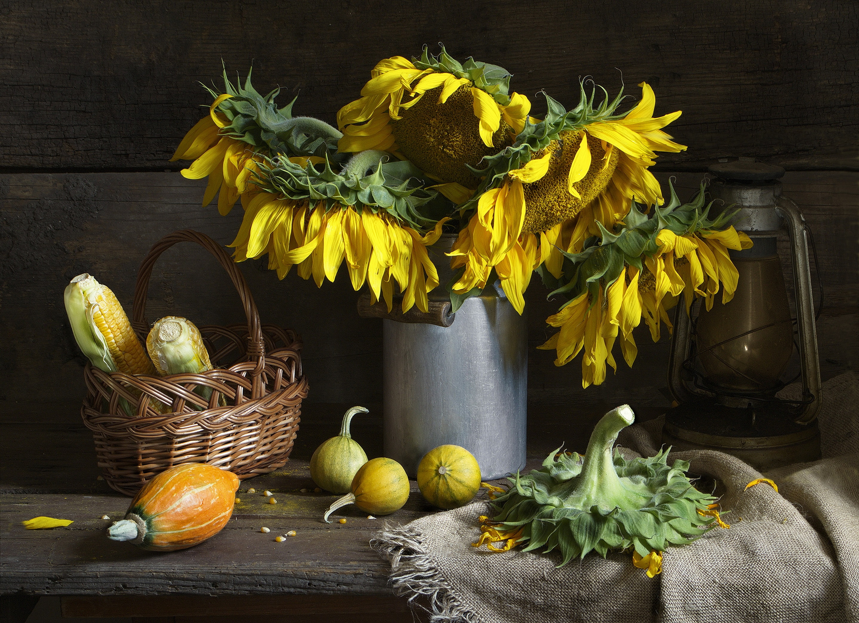 background, shawl, bouquet, vintage, pumpkins, village, autumn, pumpkin, sunflowers, USSR, 2K, harvest, table, the dark background, grain, old, yellow, HD Wallpaper