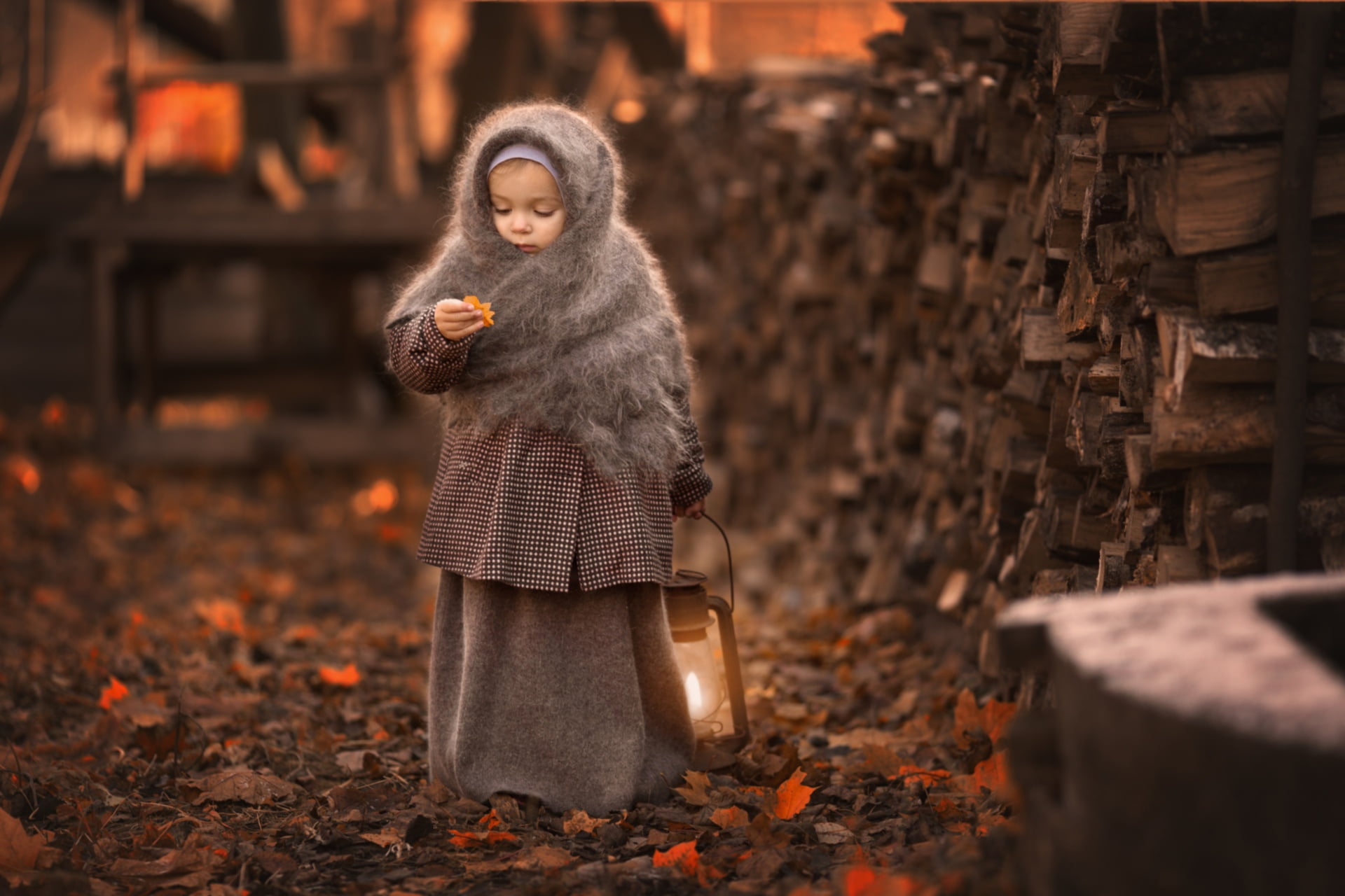 lamp, leaf, 1080P, shawl, girl, HD Wallpaper