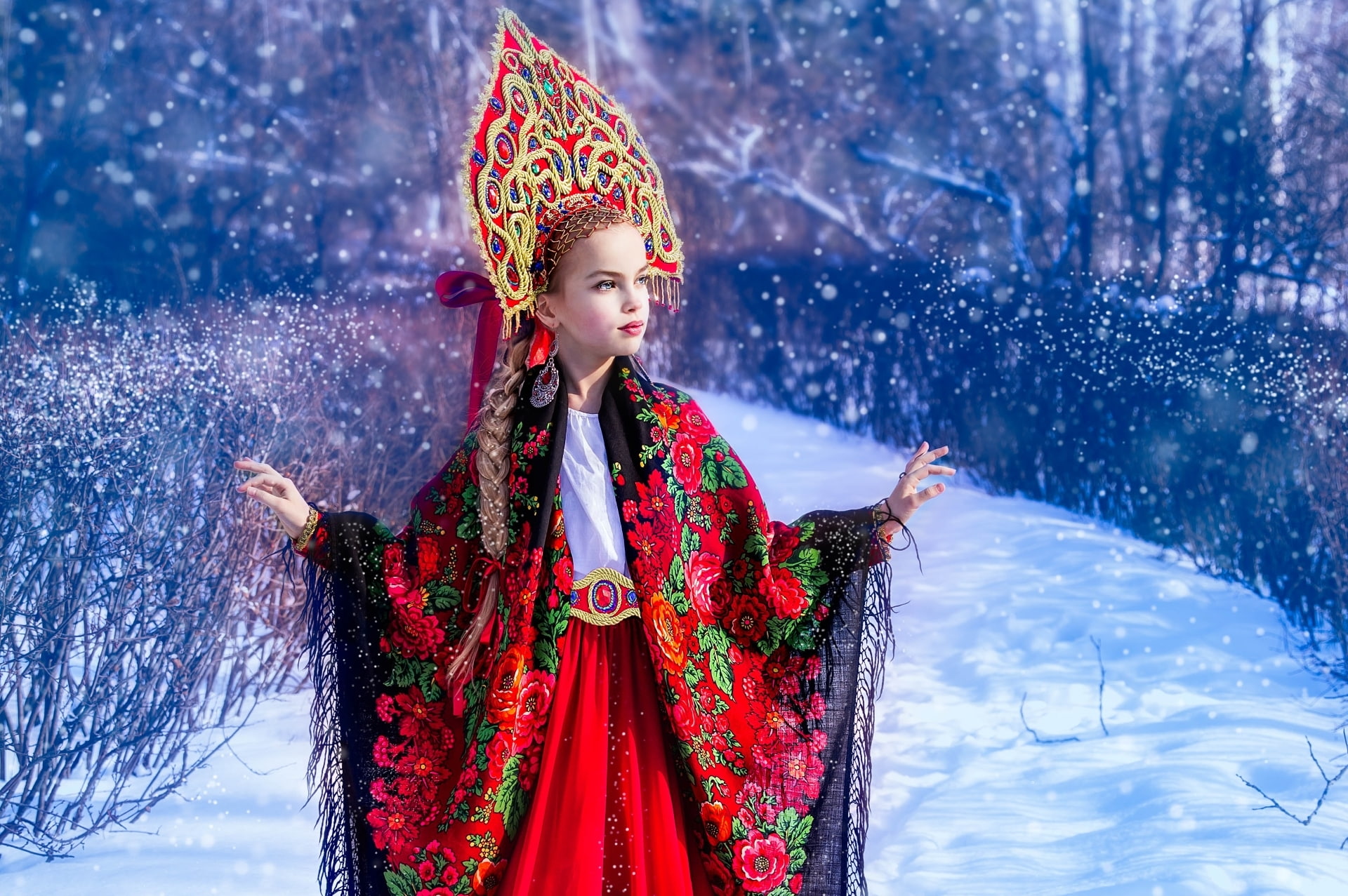 outfit, long, red, dress, girl, sleeved, black, winter, floral, s, ethno, kokoshnik, shawl, snow, 1080P, HD Wallpaper