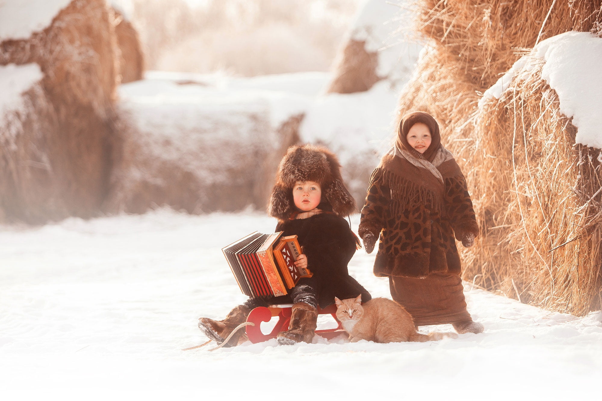 accordion, hay, girl, cat, village, shawl, snow, boy, hat, winter, 1080P, HD Wallpaper