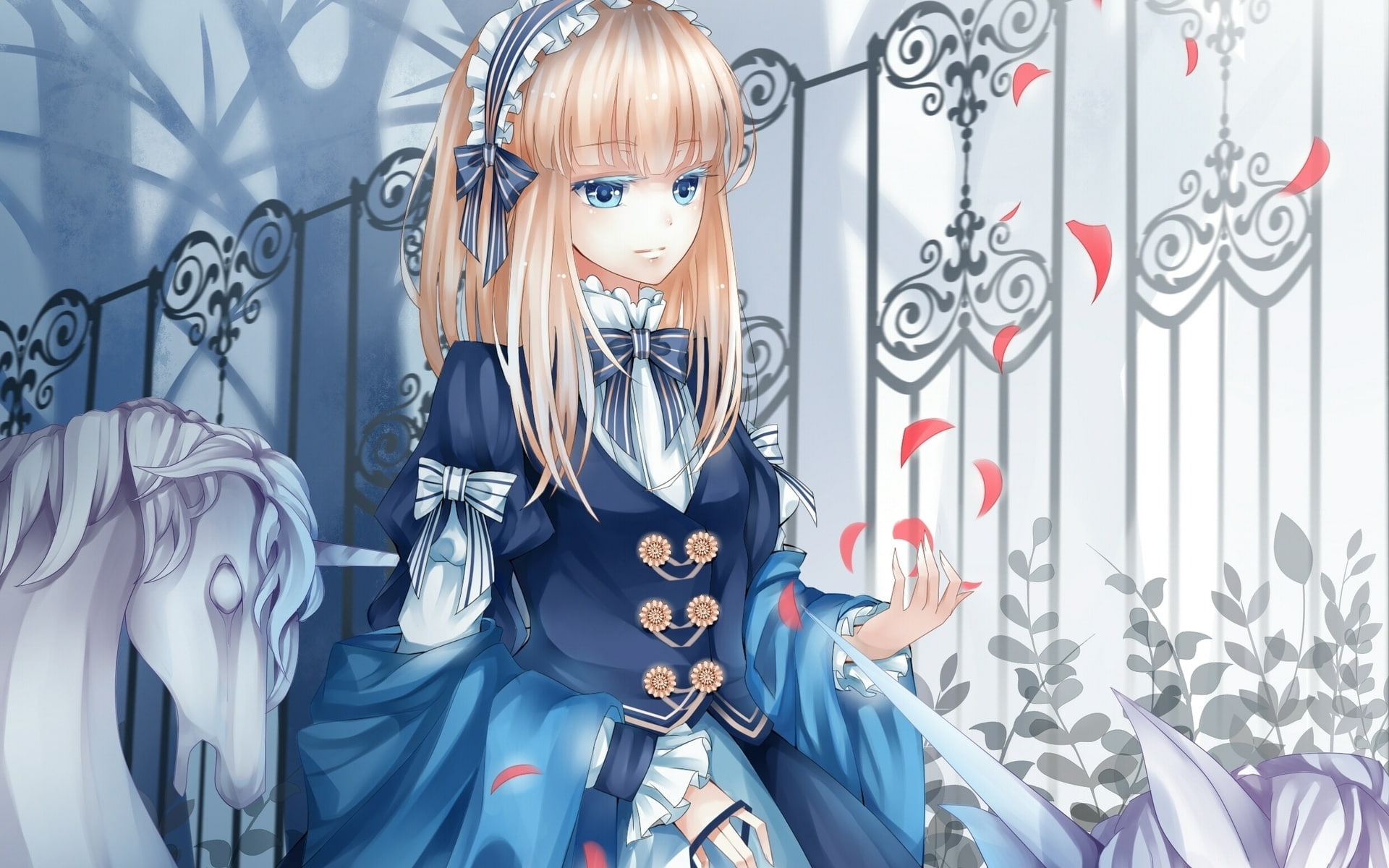 bezel, bows, girl, in the Park, petals, bangs, 1080P, dress, fence, unicorn, blue eyes, shawl, HD Wallpaper