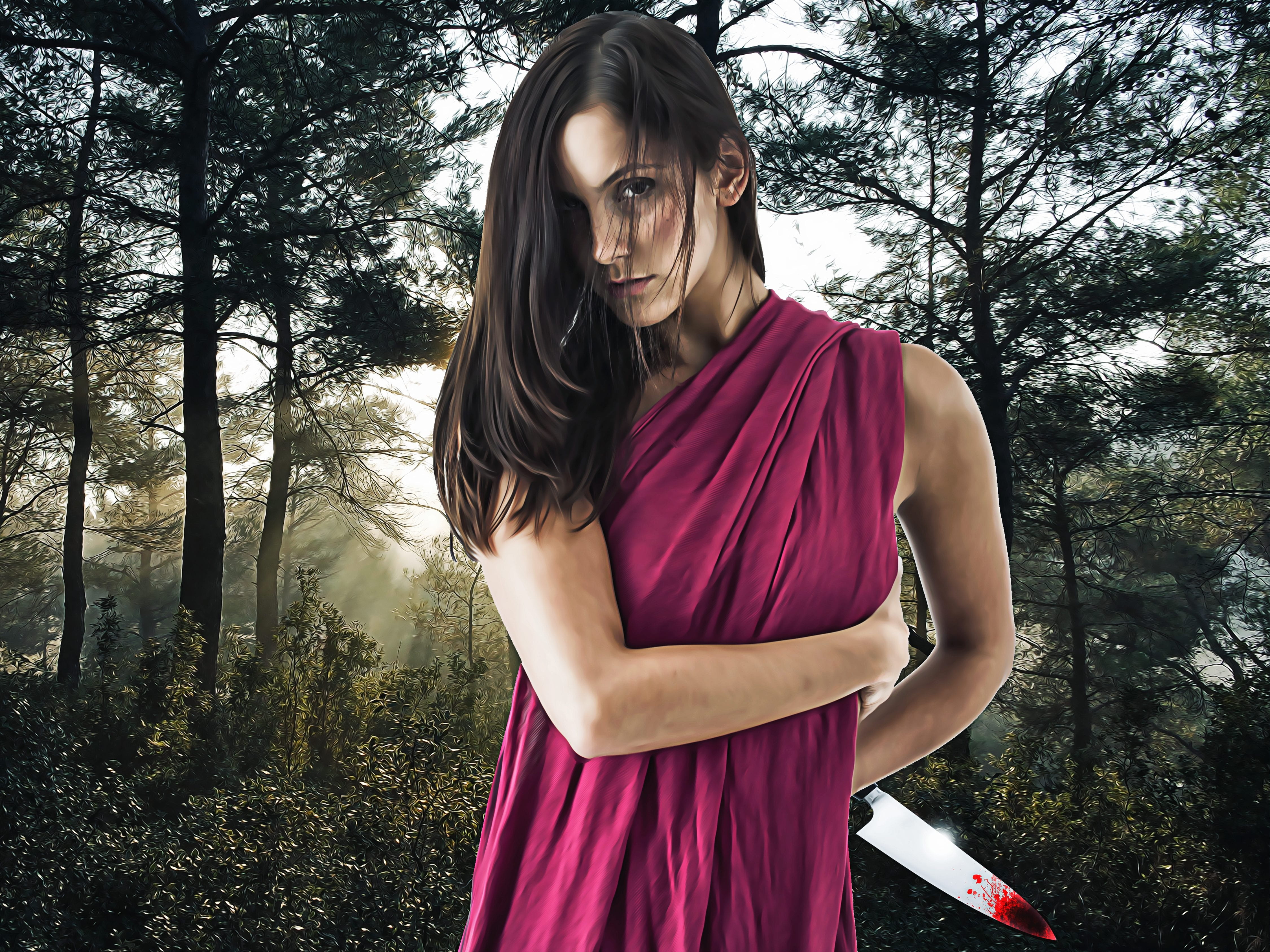bloody knife, female, purple, beauty, beautiful woman, trees, survival horror, one person, fashion, dark, lifestyles, young women, plant, dark forest, holding, HD Wallpaper