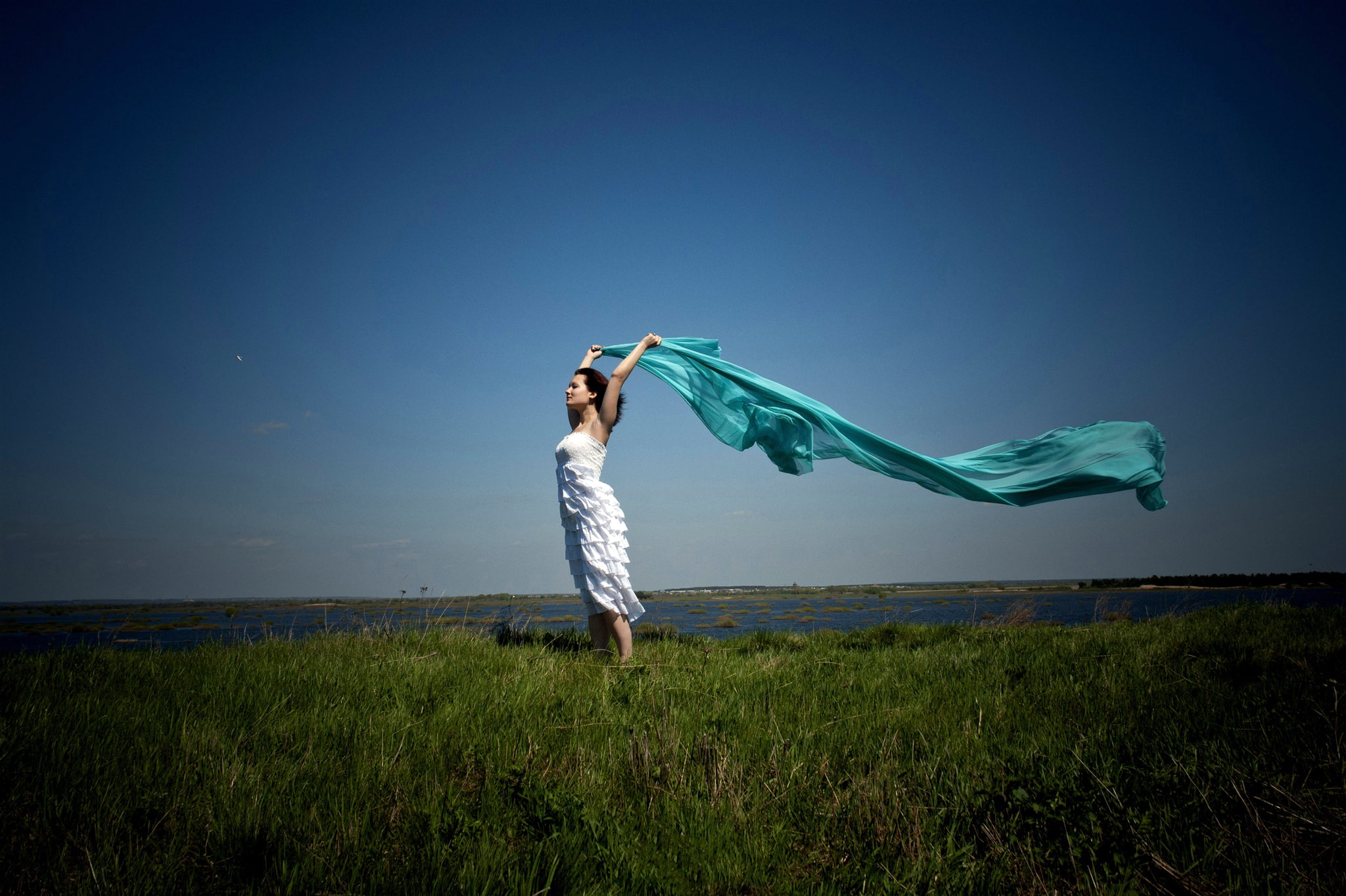 land, outdoors, casual clothing, standing, field, SHAWL, 1080P, DRESS, GRASS, limb, SPACE, human limb, GREEN, HORIZON, s, blue, green color, arms raised, HD Wallpaper